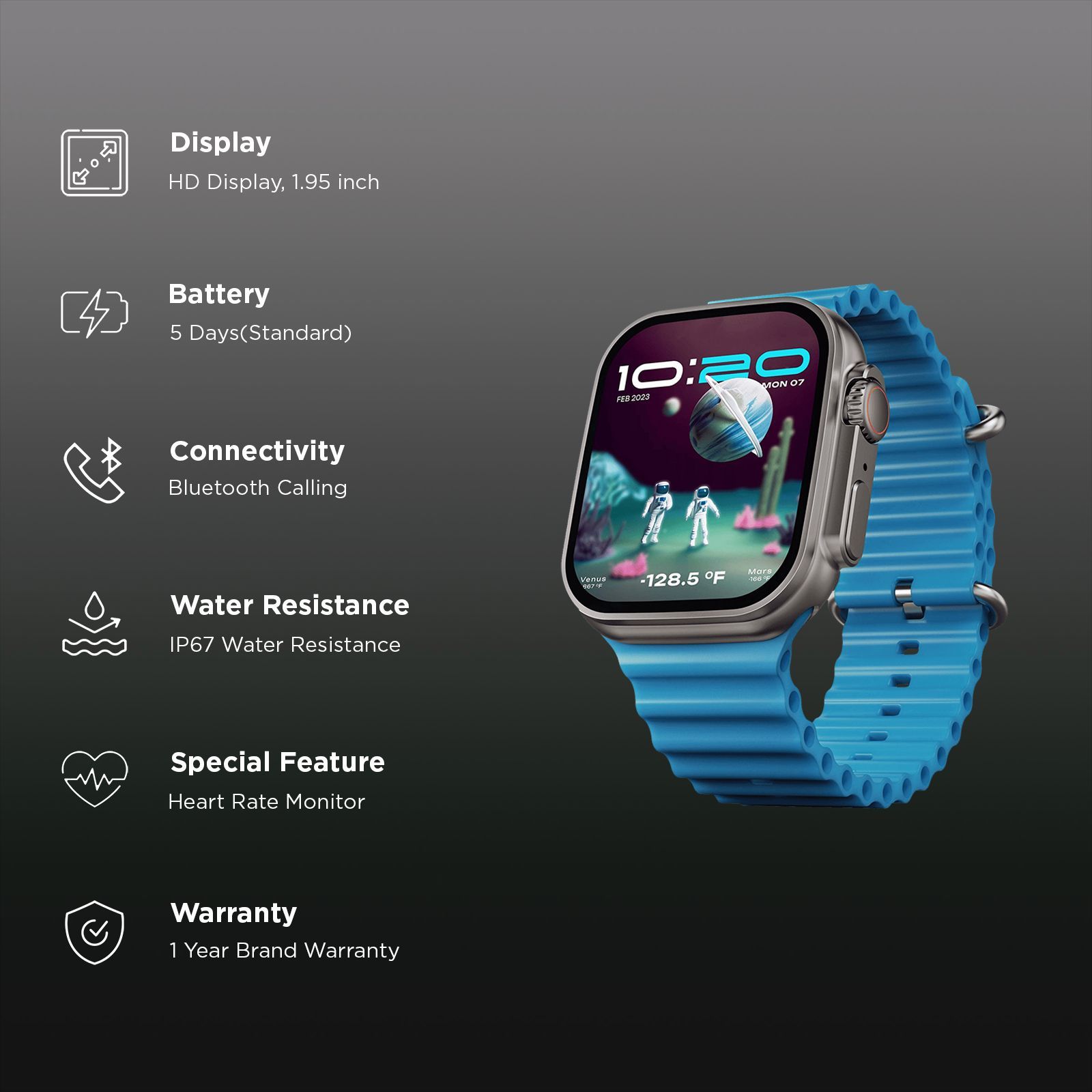 GOBOULT Crown Bluetooth Calling Android OS Smartwatch (49.5mm HD Display, Working Crown, Blue Strap)_2