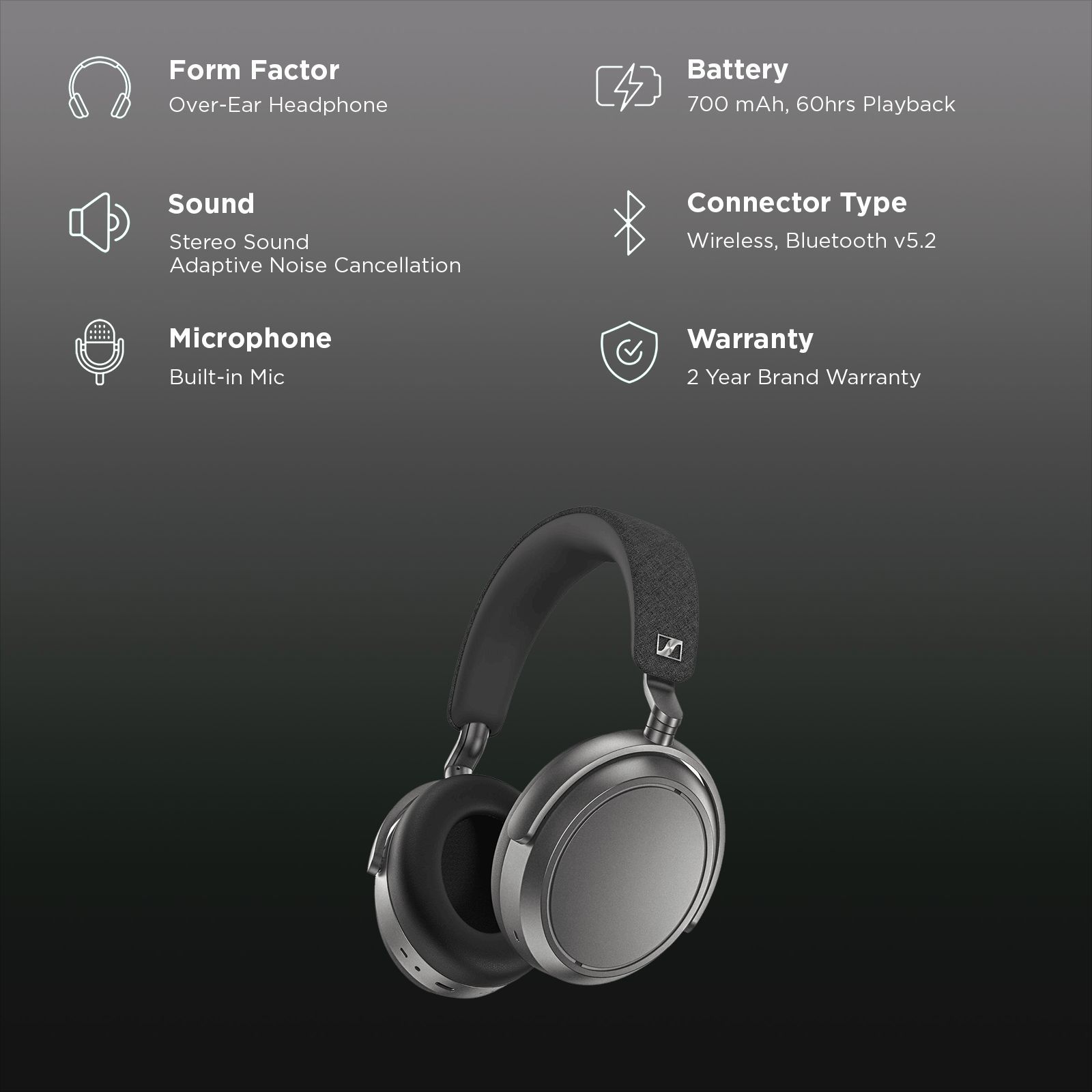 SENNHEISER Momentum 4 700383 Bluetooth Headphone with Mic (Hybrid Adaptive ANC, Over Ear, Graphite)_2