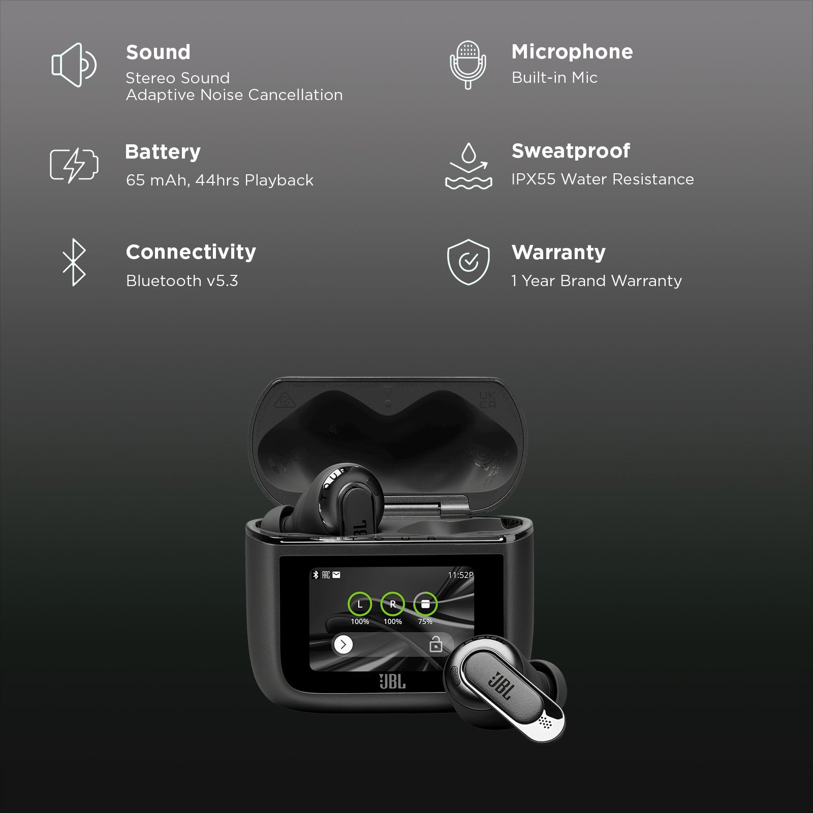 JBL Tour Pro 3 TWS Earbuds with True Adaptive Noise Cancellation (IPX55 Water Resistant, Multi-Point Connection, Black) JBL Tour Pro 3 TWS Earbuds with True Adaptive Noise Cancellation (IPX55 Water Resistant, Multi-Point Connection, Black)_2