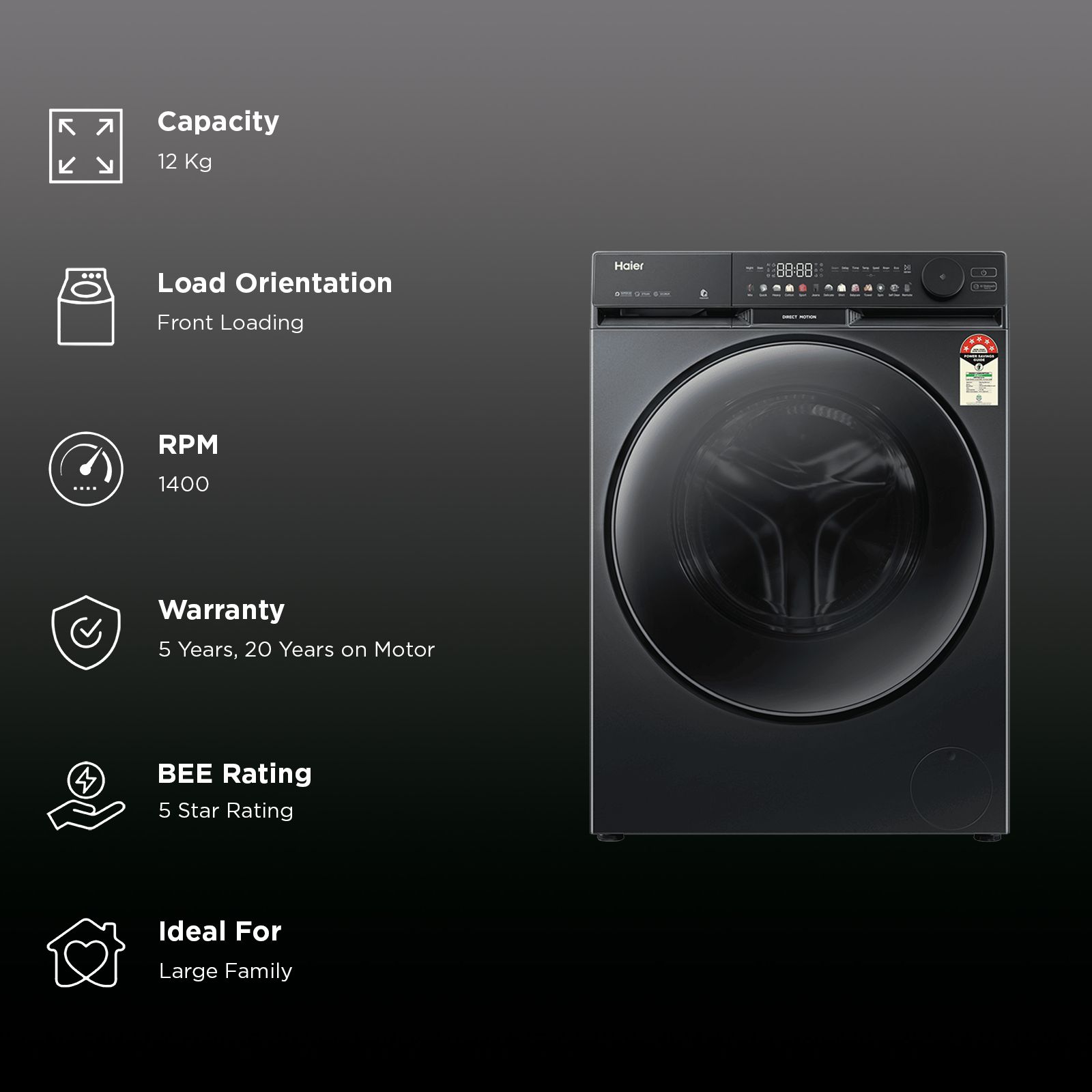 Haier 12 kg 5 Star Wi-Fi Inverter Fully Automatic Front Load Washing Machine (F9, HW120-DM14F9BKU1, Direct Motion Motor, Black) Haier 12 kg 5 Star Wi-Fi Inverter Fully Automatic Front Load Washing Machine (F9, HW120-DM14F9BKU1, Direct Motion Motor, Black)_3