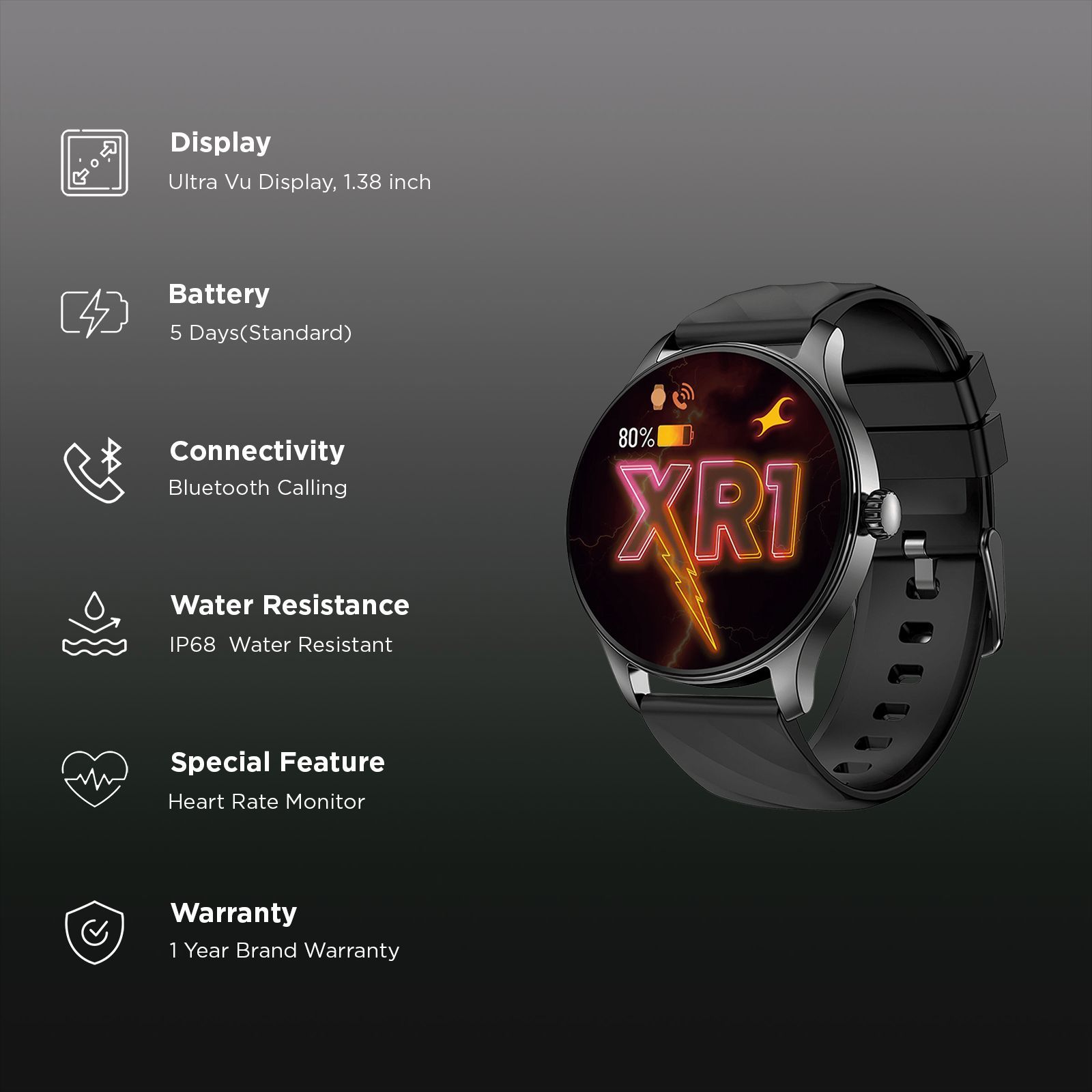 fastrack Revoltt XR1 Smartwatch with Bluetooth Calling (35mm UltraVU HD Display, IP68 Water Resistant, Black Strap)_2