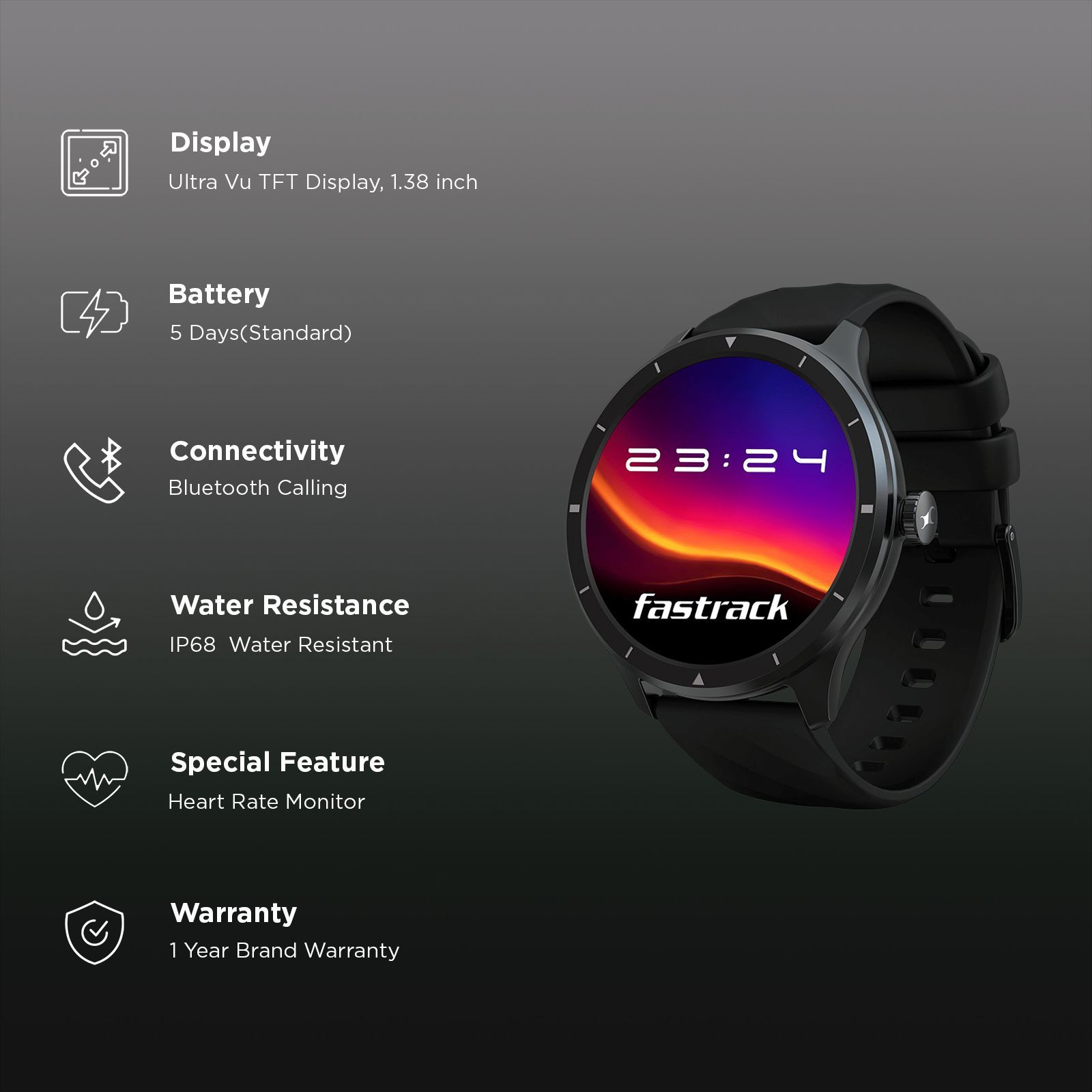 fastrack Revoltt FR2 Smartwatch with Bluetooth Calling (35mm UltraVU TFT Display, IP68 Water Resistant, Black Strap)_3