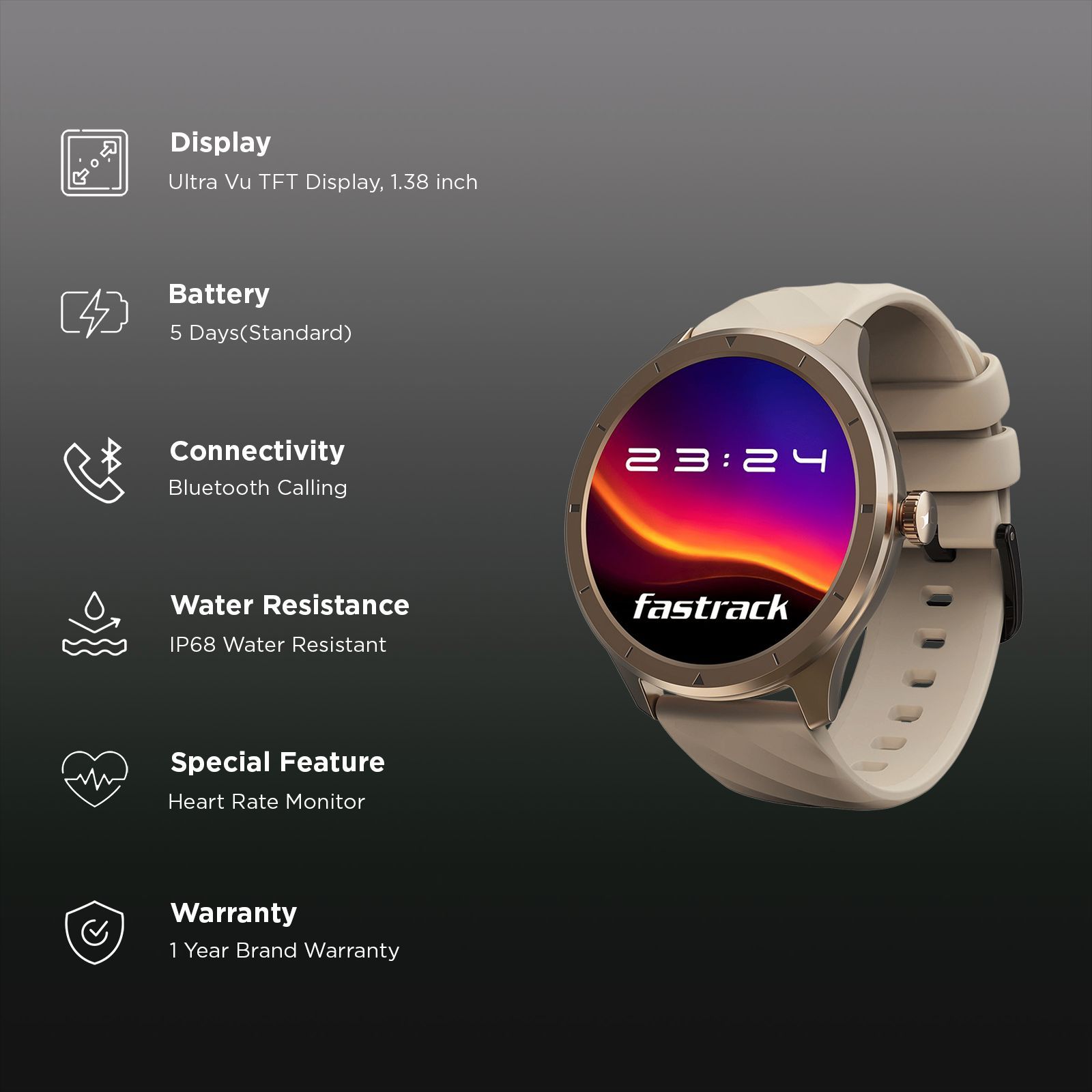 fastrack Revoltt FR2 Smartwatch with Bluetooth Calling (35mm UltraVU TFT Display, IP68 Water Resistant, Beige Strap)_3