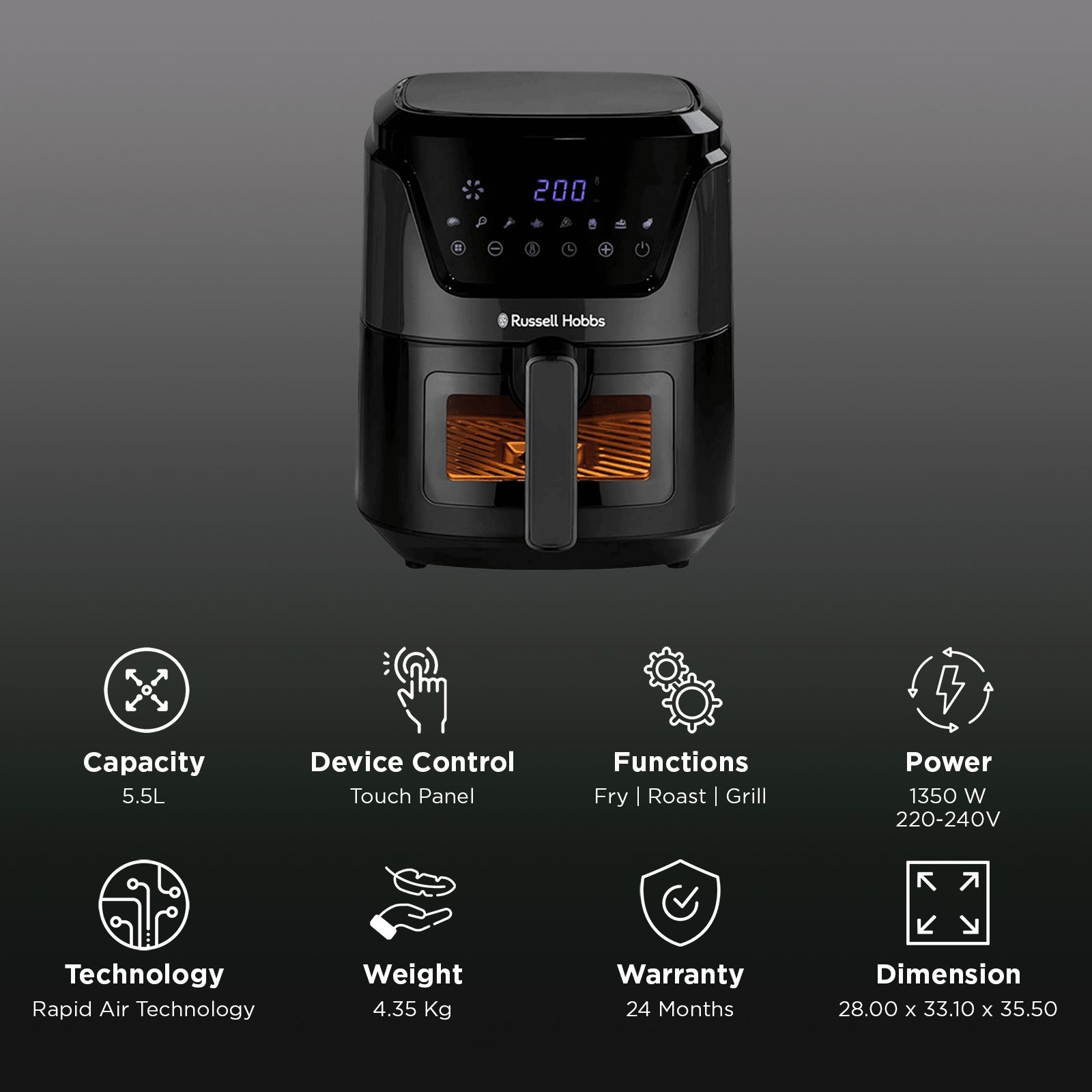 Russell Hobbs Sizzle Air 5.5L 1350 Watt Air Fryer with 8-in-1 Pre-Set Programs (Black)_3