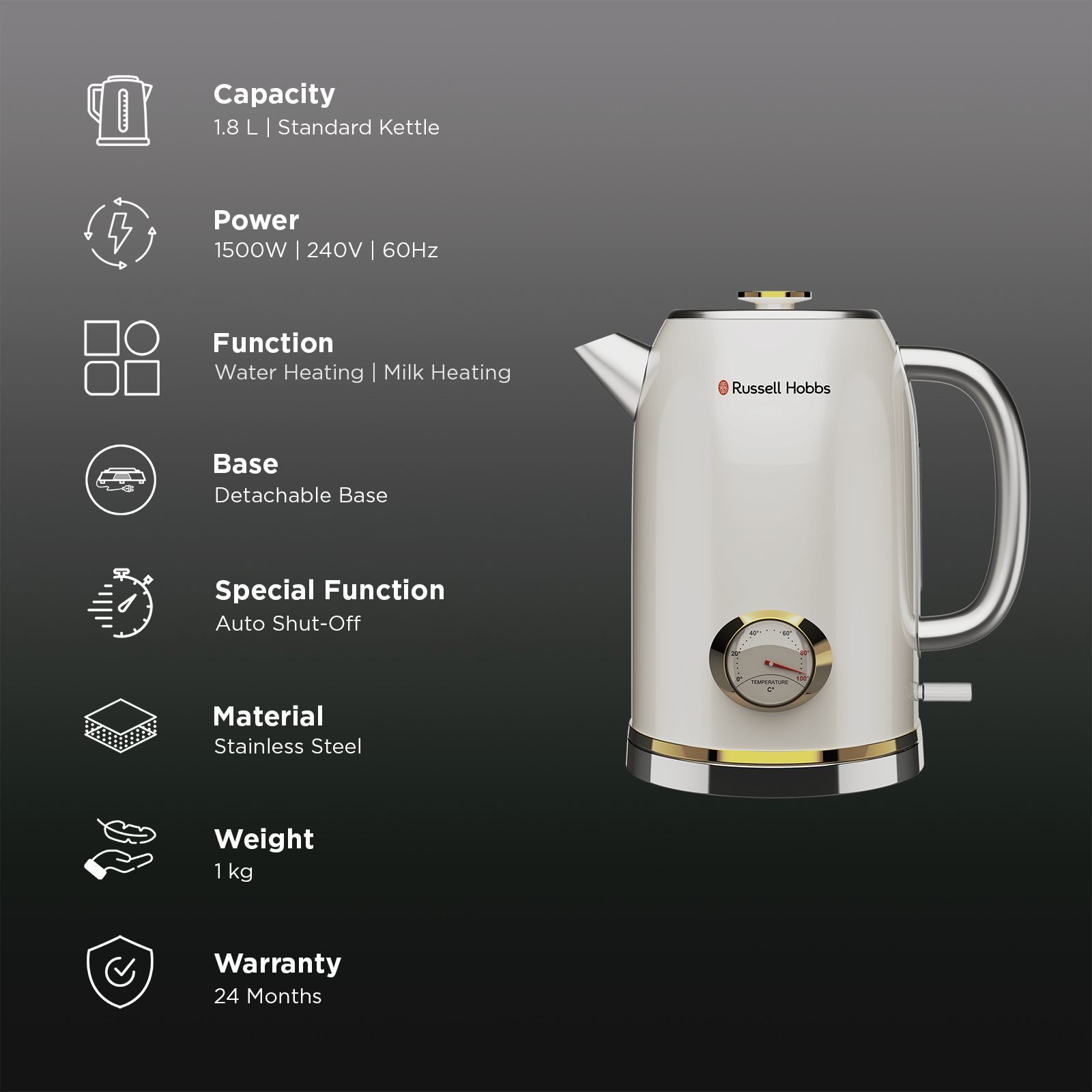 Russell Hobbs TrueTemp 1500 Watt 1.8 Litre Electric Kettle with Auto Shut Off (White)_3