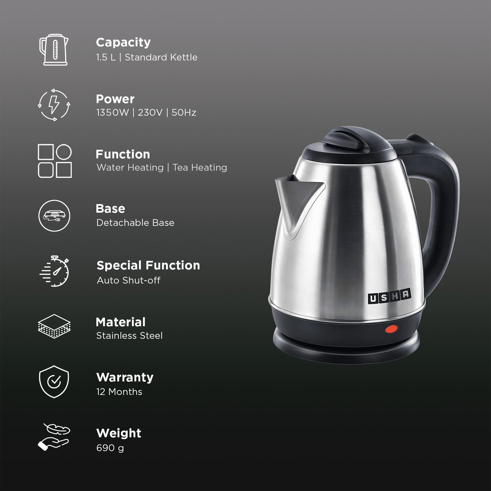 USHA 1350 Watt 1.5 Litre Electric Kettle with Food-Grade SS Body (Black)_3