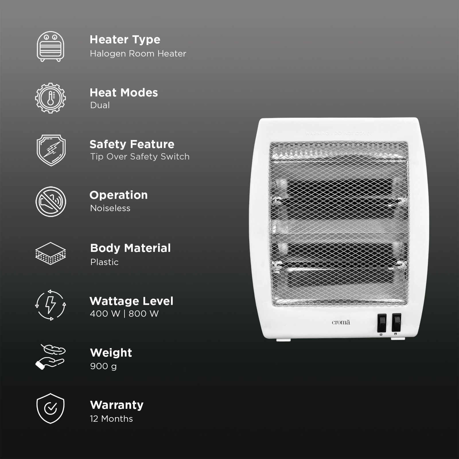Croma 800W Halogen Room Heater with 2 Heating Modes (Tip-over Switch, White)_3