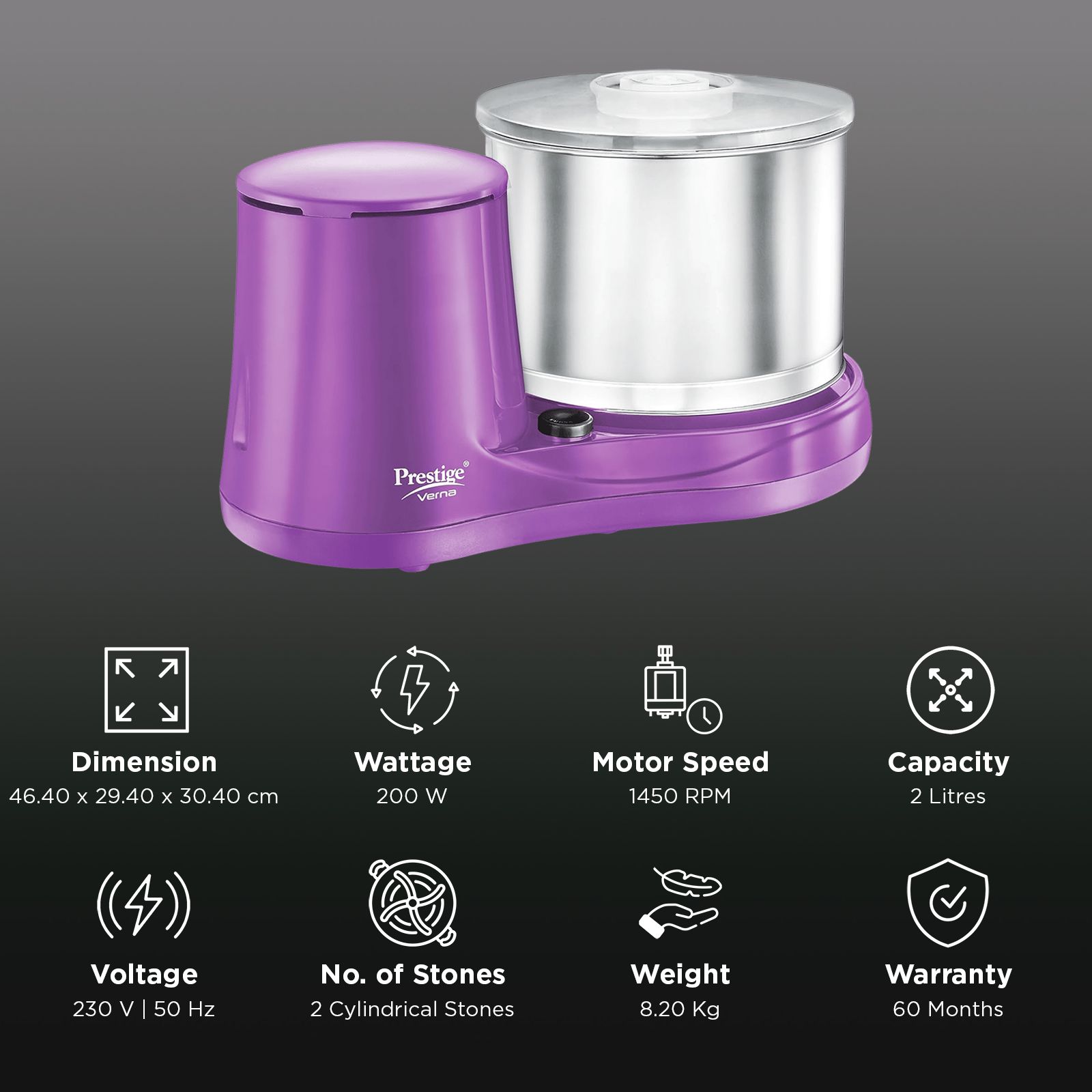 Prestige Verna 2 Litres 2 Stones Wet Grinder (Heavy Duty Motor, Purple)_3