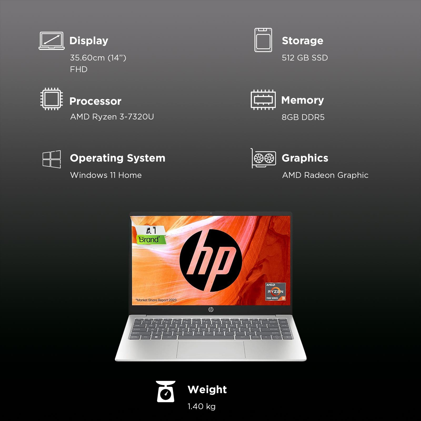 HP 14-em0243AU AMD Ryzen 3 Thin & Light Laptop (8GB, 512GB SSD, Windows 11 Home, 14 inch Full HD Display, Natural Silver, 1.40 KG)_3