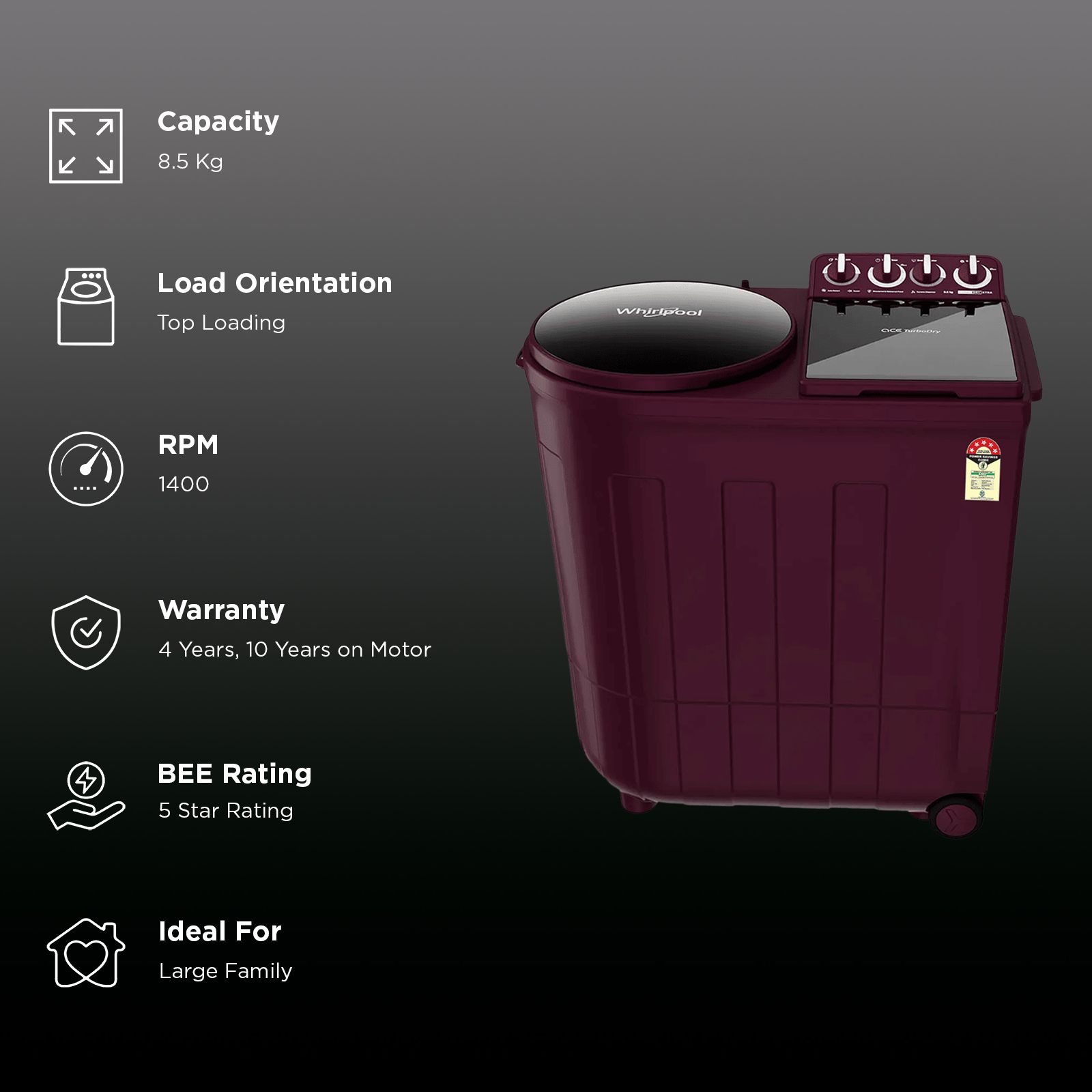 Whirlpool 8.5 kg 5 Star Semi Automatic Washing Machine with Turbo Dry Technology (30351, Wine Dazzle)_3