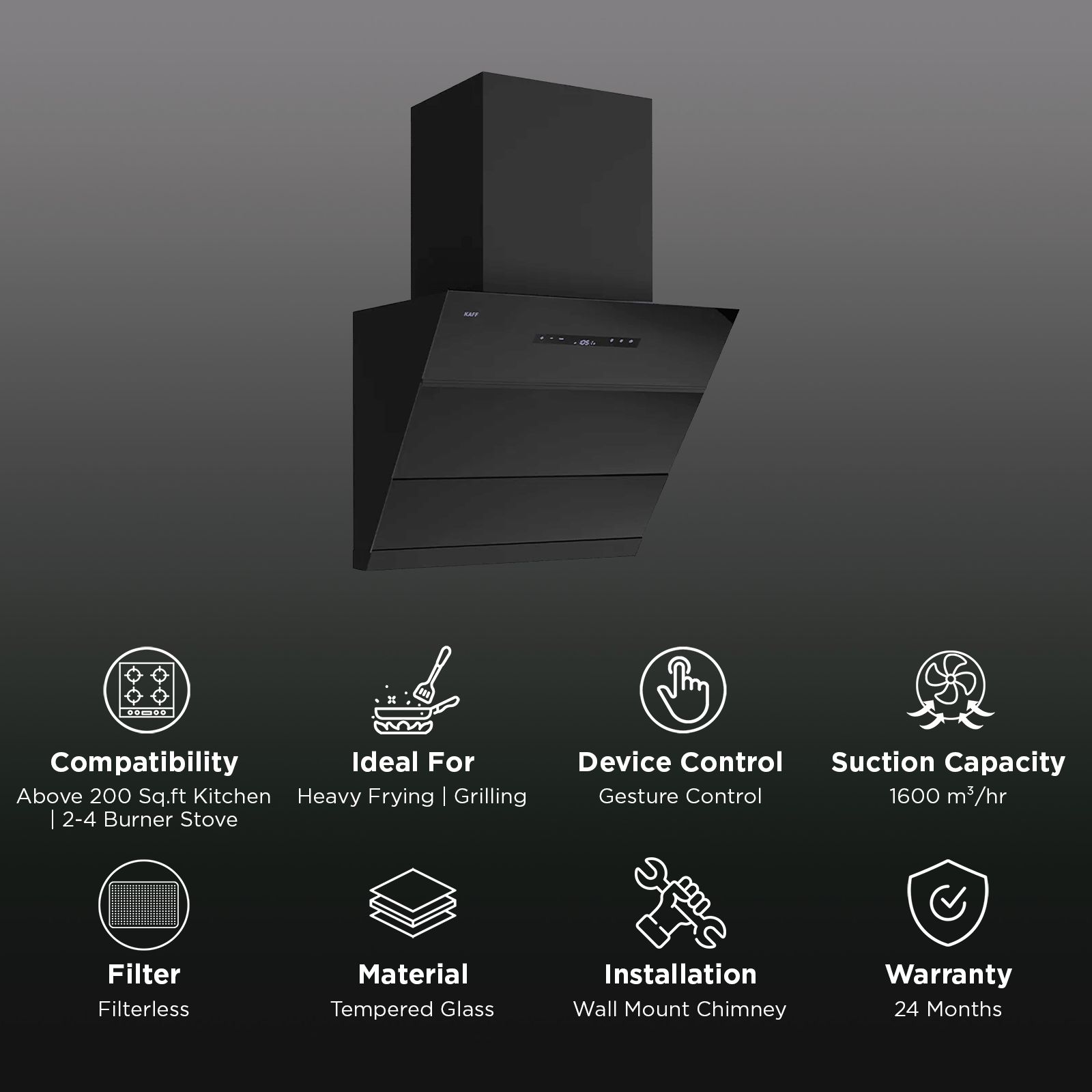KAFF LYNN 60cm 1600m3/hr Ductless Auto Clean Wall Mounted Chimney with Gesture Motion (Black)_3