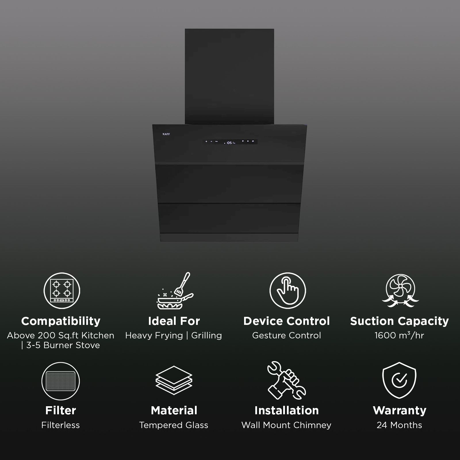 KAFF LYNN 90cm 1600m3/hr Ductless Auto Clean Wall Mounted Chimney with Gesture Motion (Black)_3