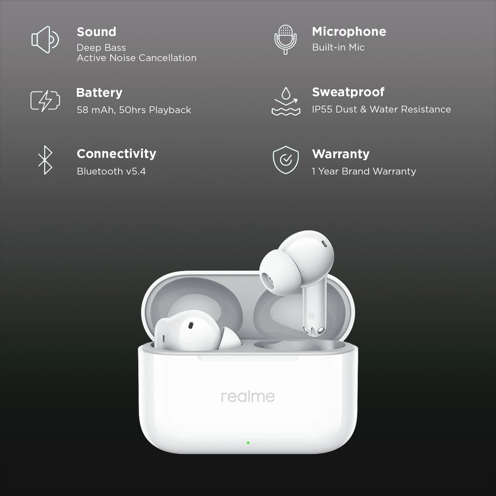 realme Buds T200 RMA2410 TWS Earbuds with Active Noise Cancellation (IP55 Water Resistant, 12.4mm Dynamic Bass Drivers, Snowy White)_3