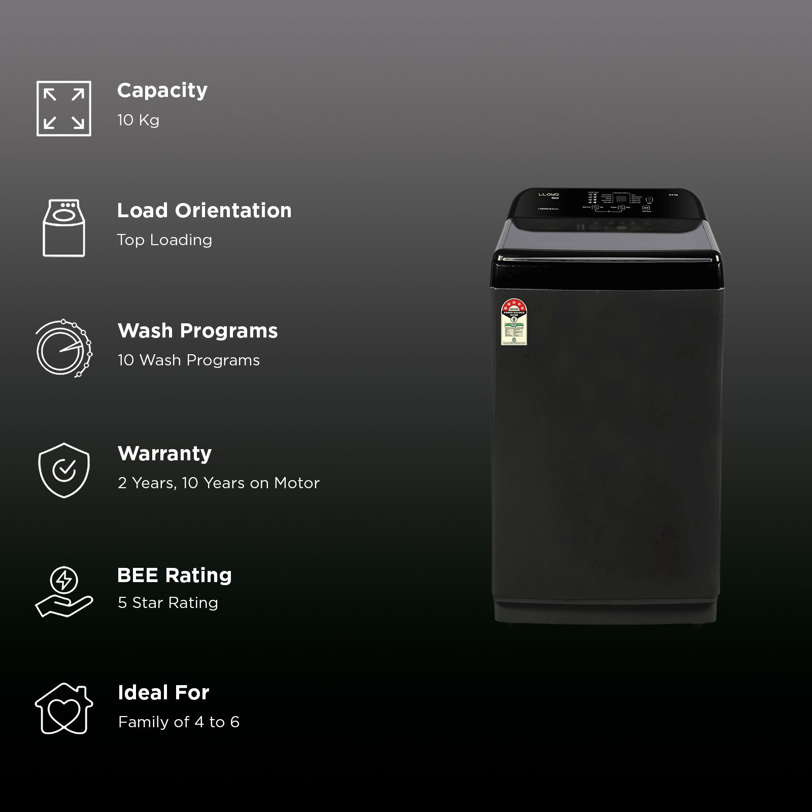 LLOYD 10 kg 5 Star Fully Automatic Top Load Washing Machine (NeoXL H, 8 i-Sense Technology, Mid Black)_2