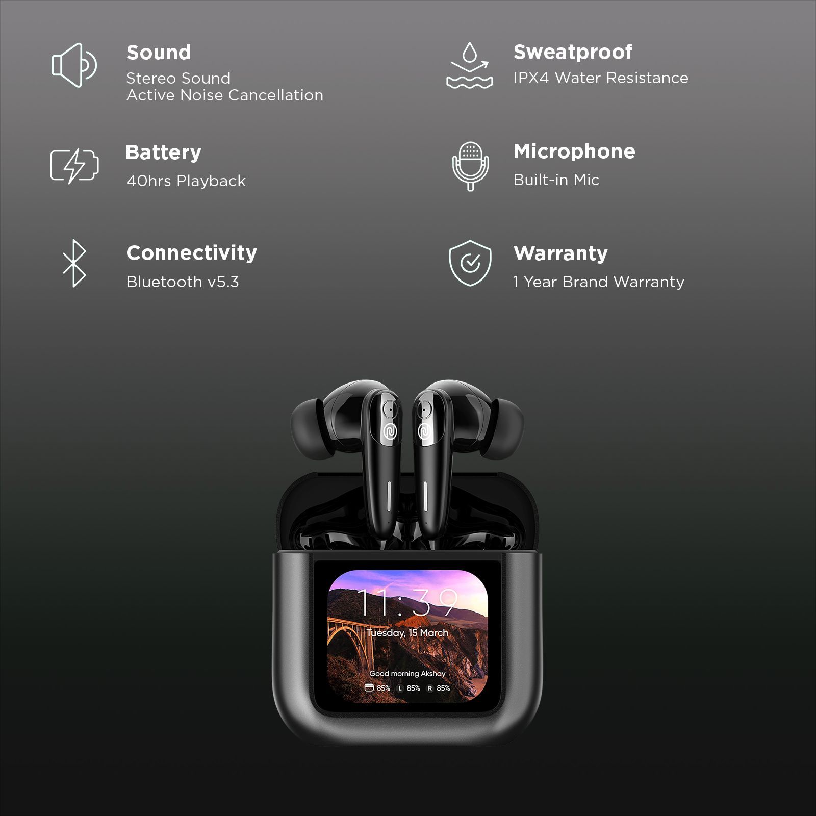 noise View Buds AUDHDPHNVIEWBUDBLK TWS Earbuds with Active Noise Cancellation (IPX4 Water Resistant, In-Built EQ Modes, Metallic Black)_2