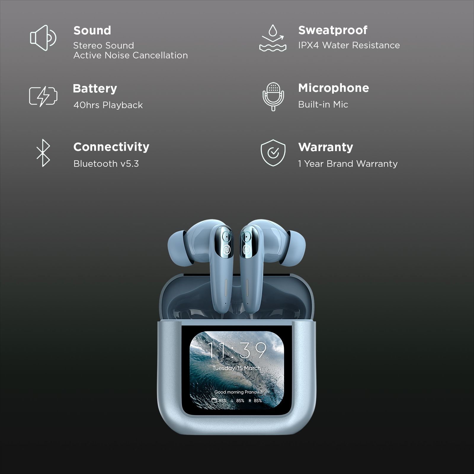 noise View Buds AUDHDPHNVIEWBUDBLU TWS Earbuds with Active Noise Cancellation (IPX4 Water Resistant, In-Built EQ Modes, Metallic Blue) noise View Buds AUDHDPHNVIEWBUDBLU TWS Earbuds with Active Noise Cancellation (IPX4 Water Resistant, In-Built EQ Modes, Metallic Blue)_2