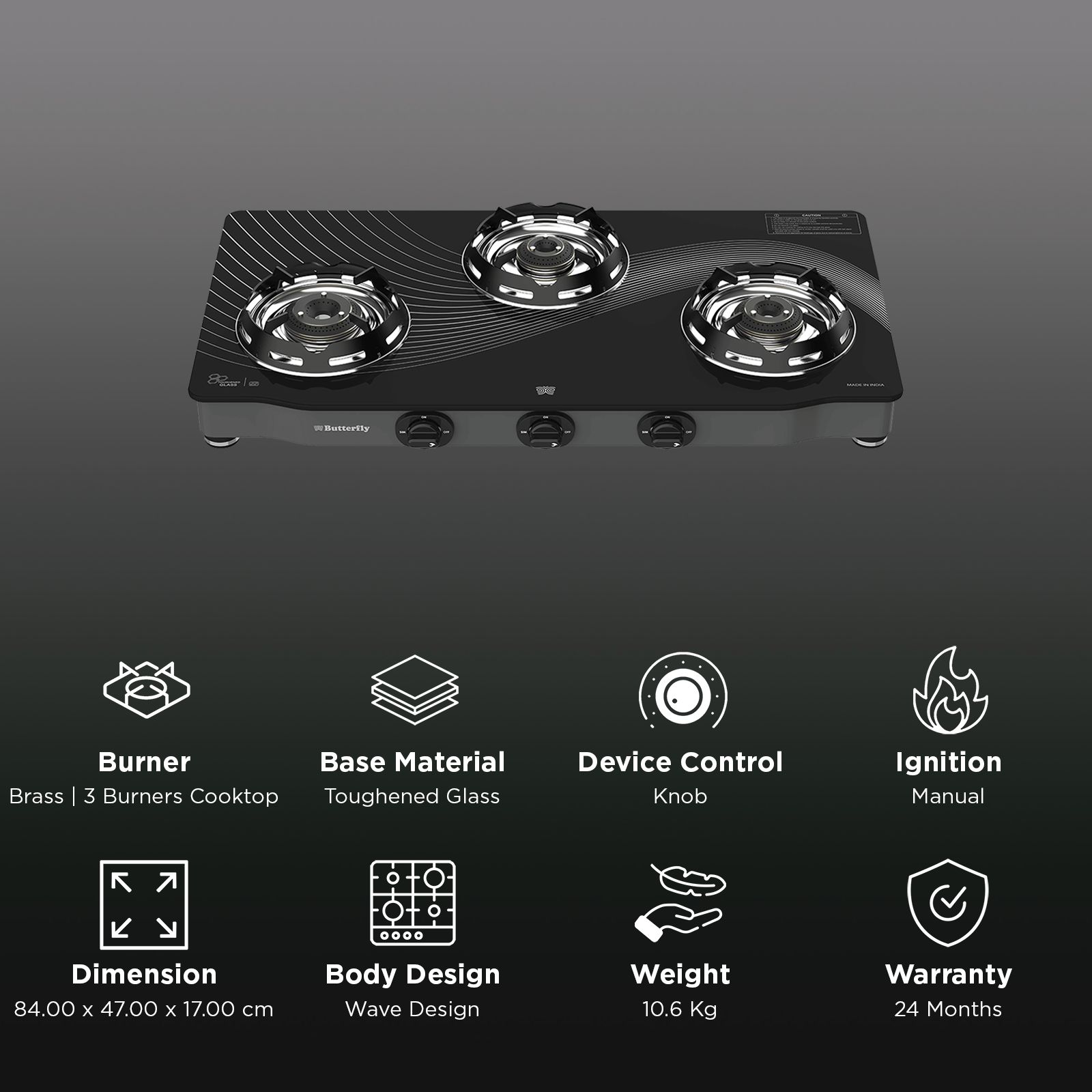 Butterfly Renz Tempered Glass Top 3 Burner Manual Gas Stove (Rust Resistant Frame, Black)_3