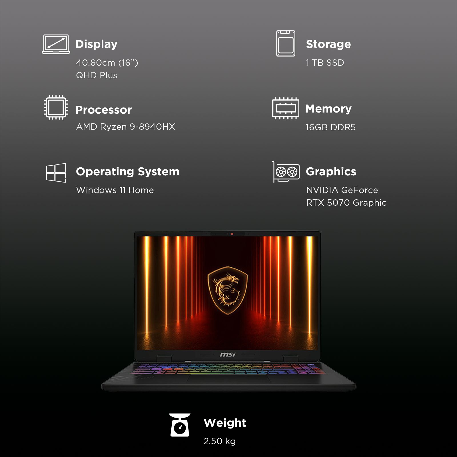 MSI Crosshair A16 HX D8WGKG-046IN AMD Ryzen 9 Gaming Laptop (16GB, 1TB SSD, Windows 11 Home, 8GB Graphics, 16 inch 240 Hz QHD+ Display, NVIDIA GeForce RTX 5070, MS Office Home 2024, Cosmos Gray, 2.5 KG) MSI Crosshair A16 HX D8WGKG-046IN AMD Ryzen 9 Gaming Laptop (16GB, 1TB SSD, Windows 11 Home, 8GB Graphics, 16 inch 240 Hz QHD+ Display, NVIDIA GeForce RTX 5070, MS Office Home 2024, Cosmos Gray, 2.5 KG)_3