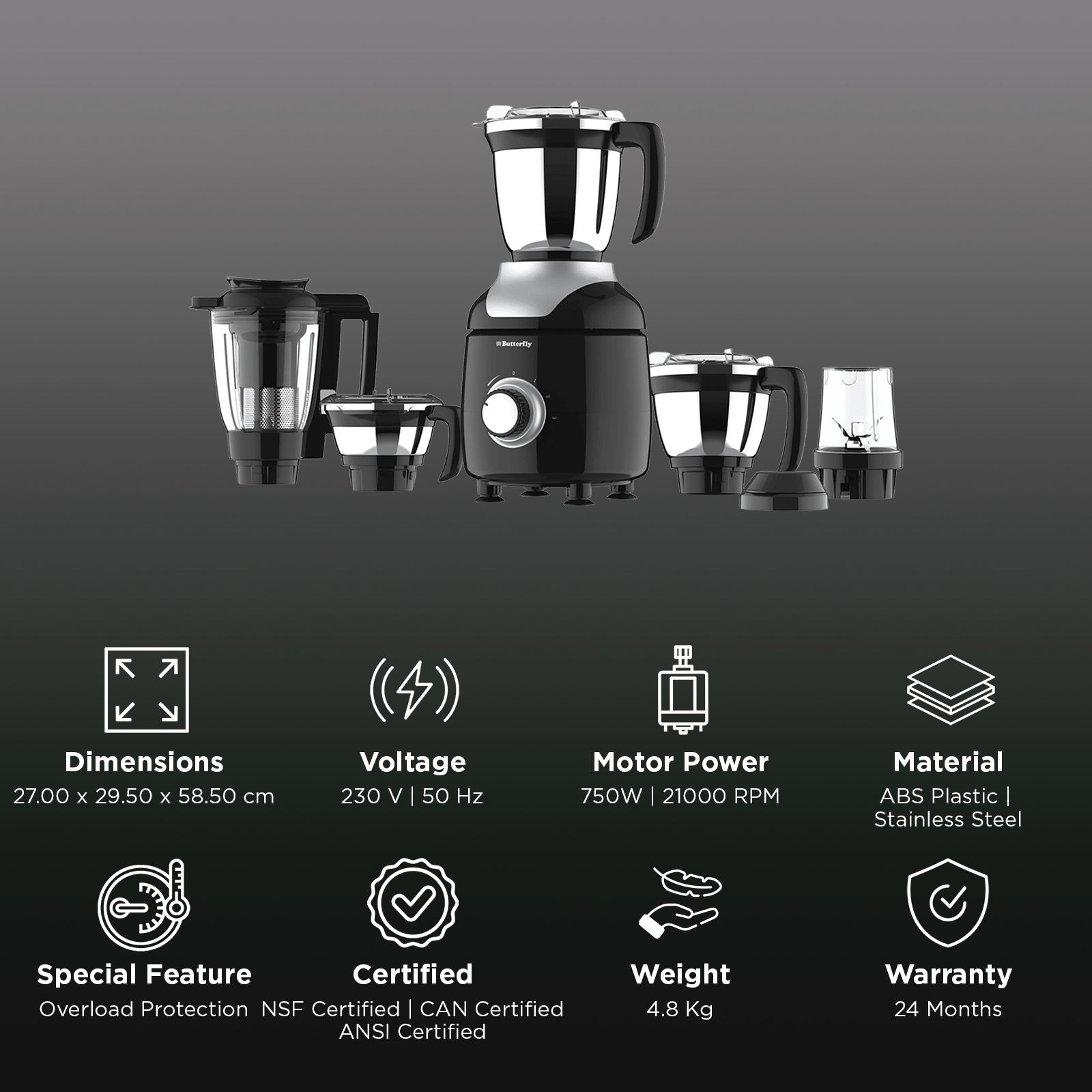 Butterfly ZieraChrome 750 Watt 5 Jars Juicer Mixer Grinder (21000 RPM, Black)_2