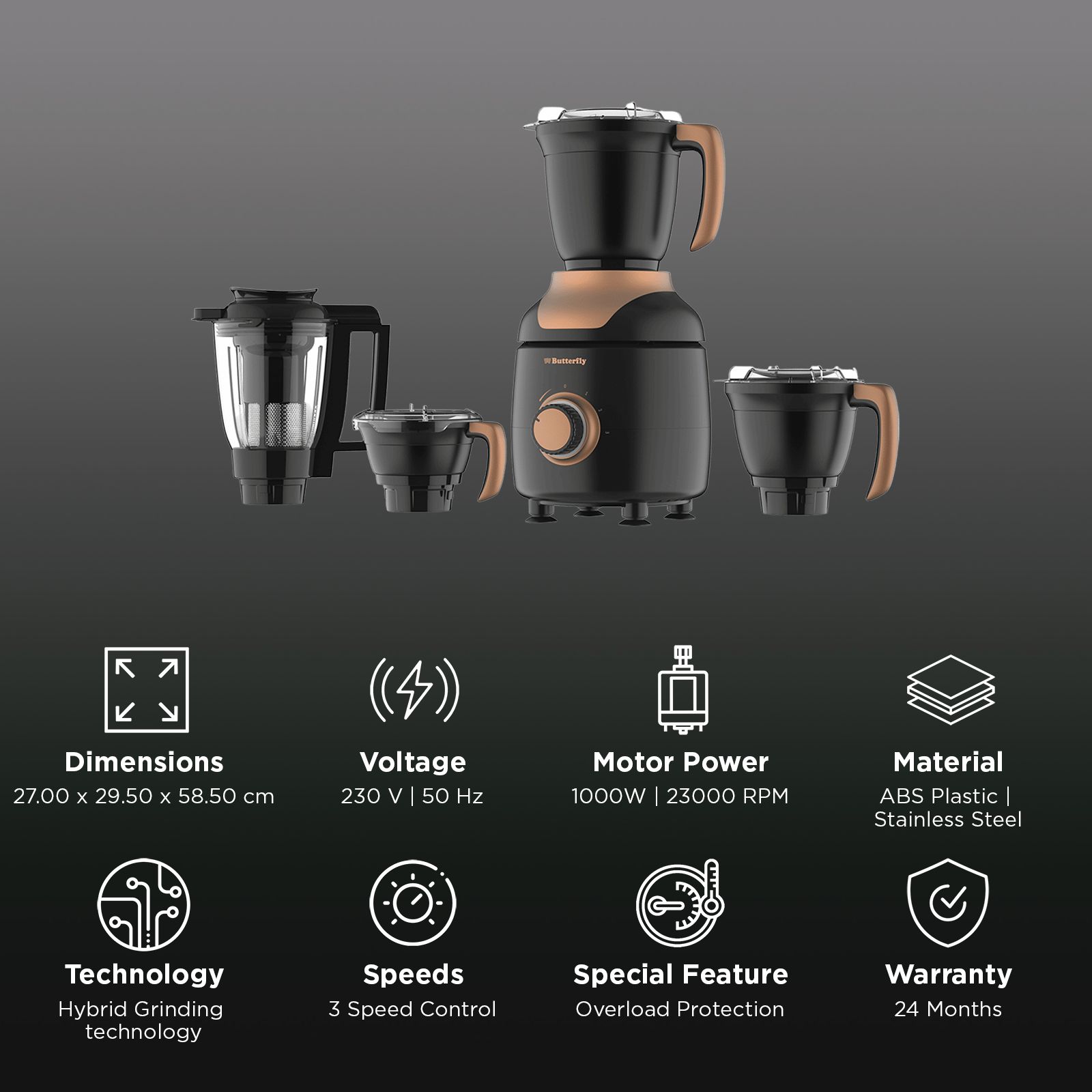 Butterfly ZieraBlack 1000 Watt 4 Jars Mixer Grinder (23000 RPM, Black)_2