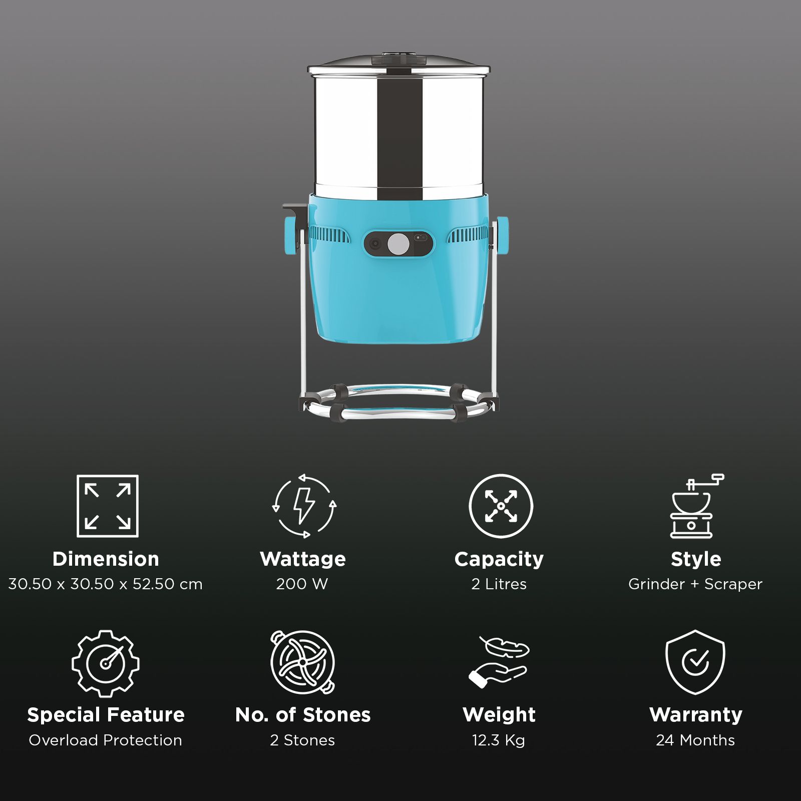 Butterfly Orchid Plus 2 Litres 2 Stones Wet Grinder with Coconut Scrapper & Atta Kneader (Blue)_2