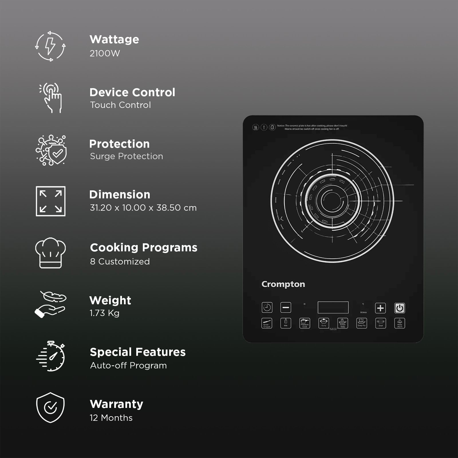 Crompton Instaserve 2100W Induction Cooktop with 8 Preset Menus_3