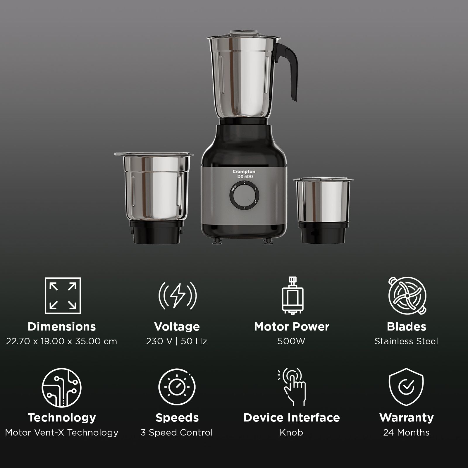 Crompton DX500 500 Watt 3 Jars Mixer Grinder (Motor Vent-X Technology, Black & Grey)_2