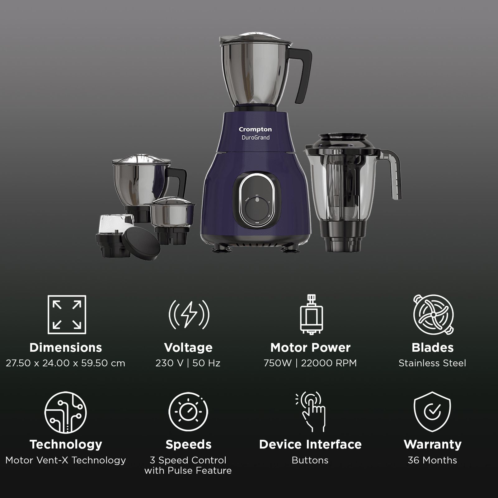 Crompton DuroGrand 750 Watt 5 Jars Mixer Grinder (Motor Vent X Technology, Black & Purple)_2