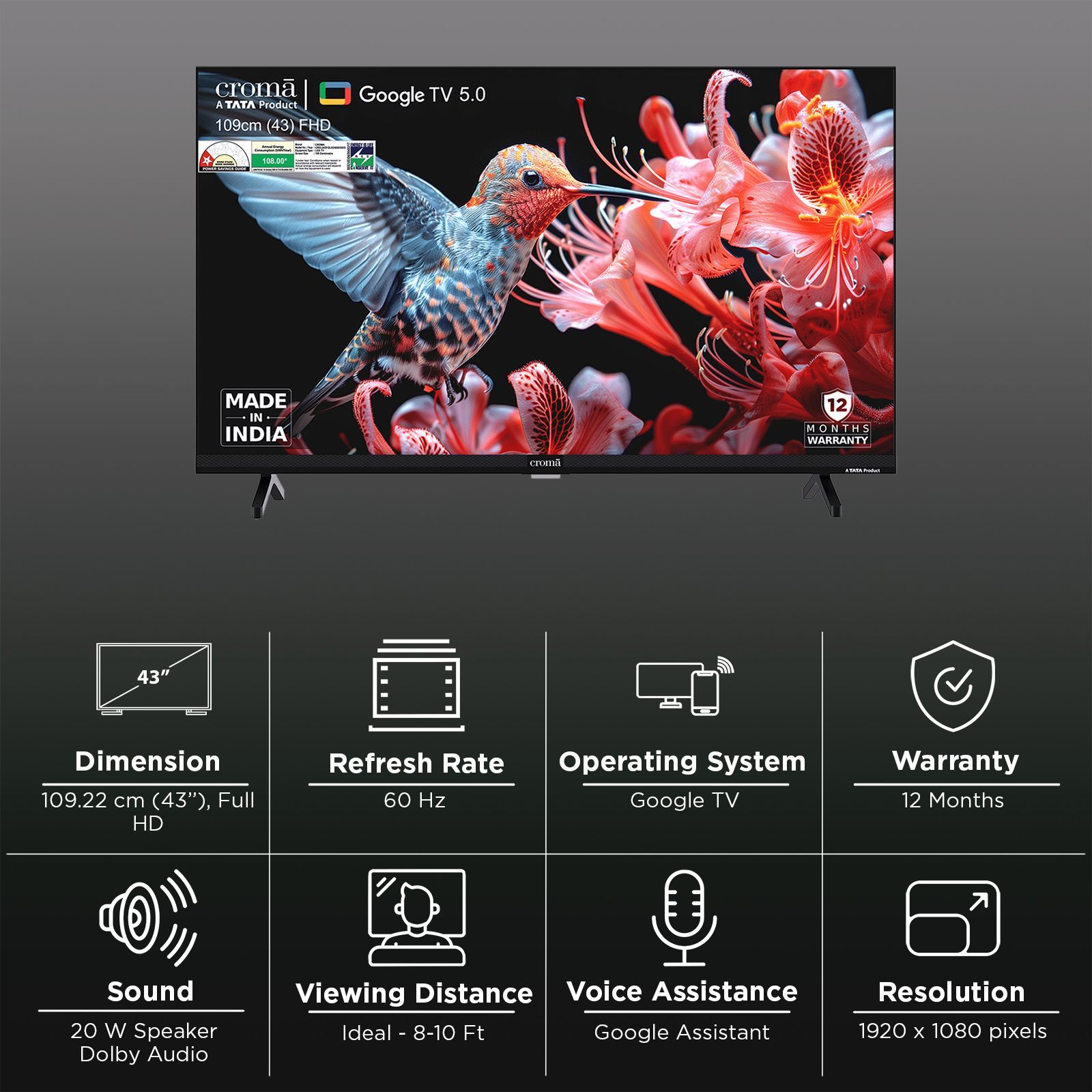 Croma 109.22 (43 inch) Full HD Smart Google TV 5.0 with Dolby Audio (2025 Model)_3
