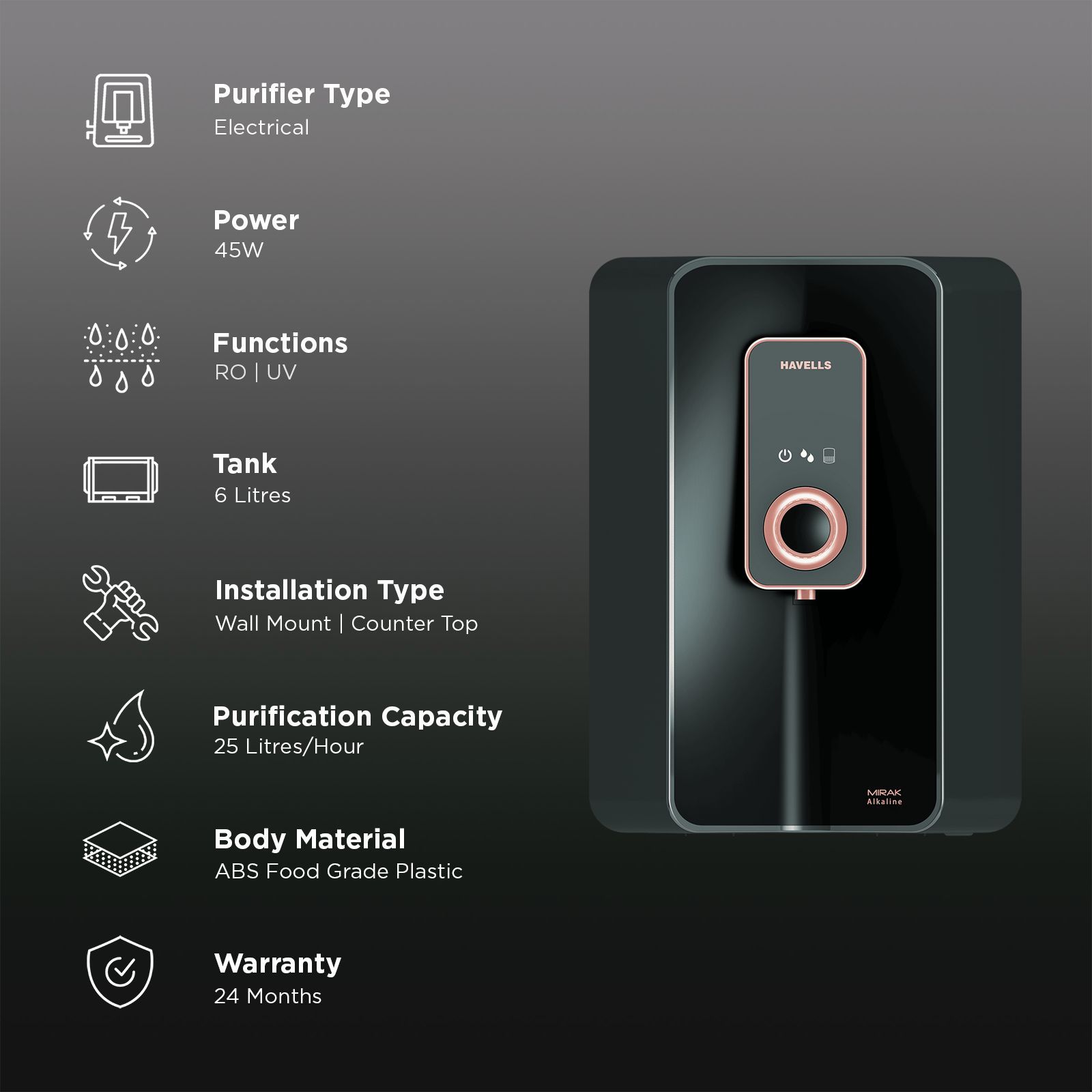 HAVELLS Mirak 6L RO + UV + Alkaline Water Purifier with Smart Alerts (Black)_3