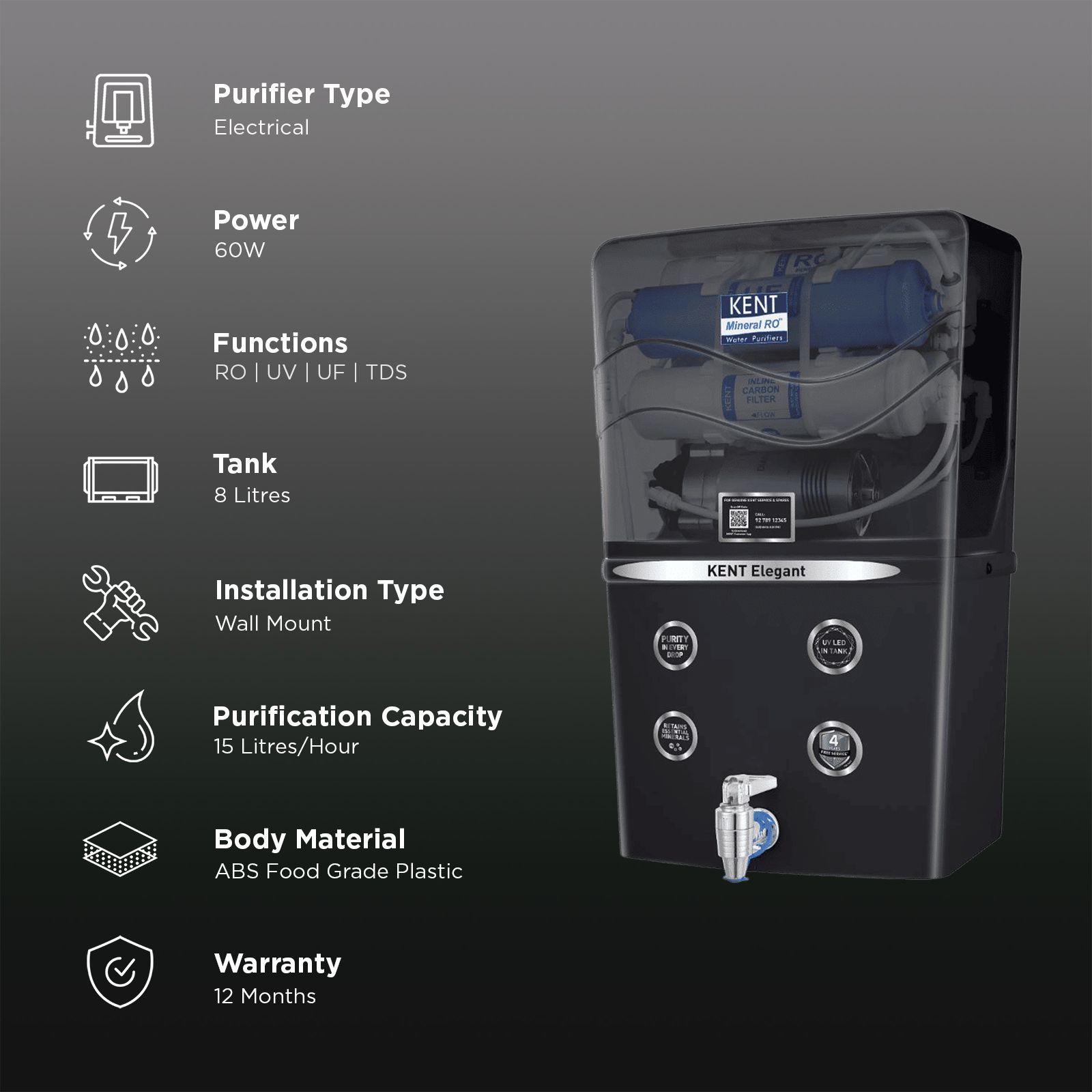 KENT Elegant 8L RO + UV + UF + TDS Water Purifier with Mineral RO Technology (Black)_3