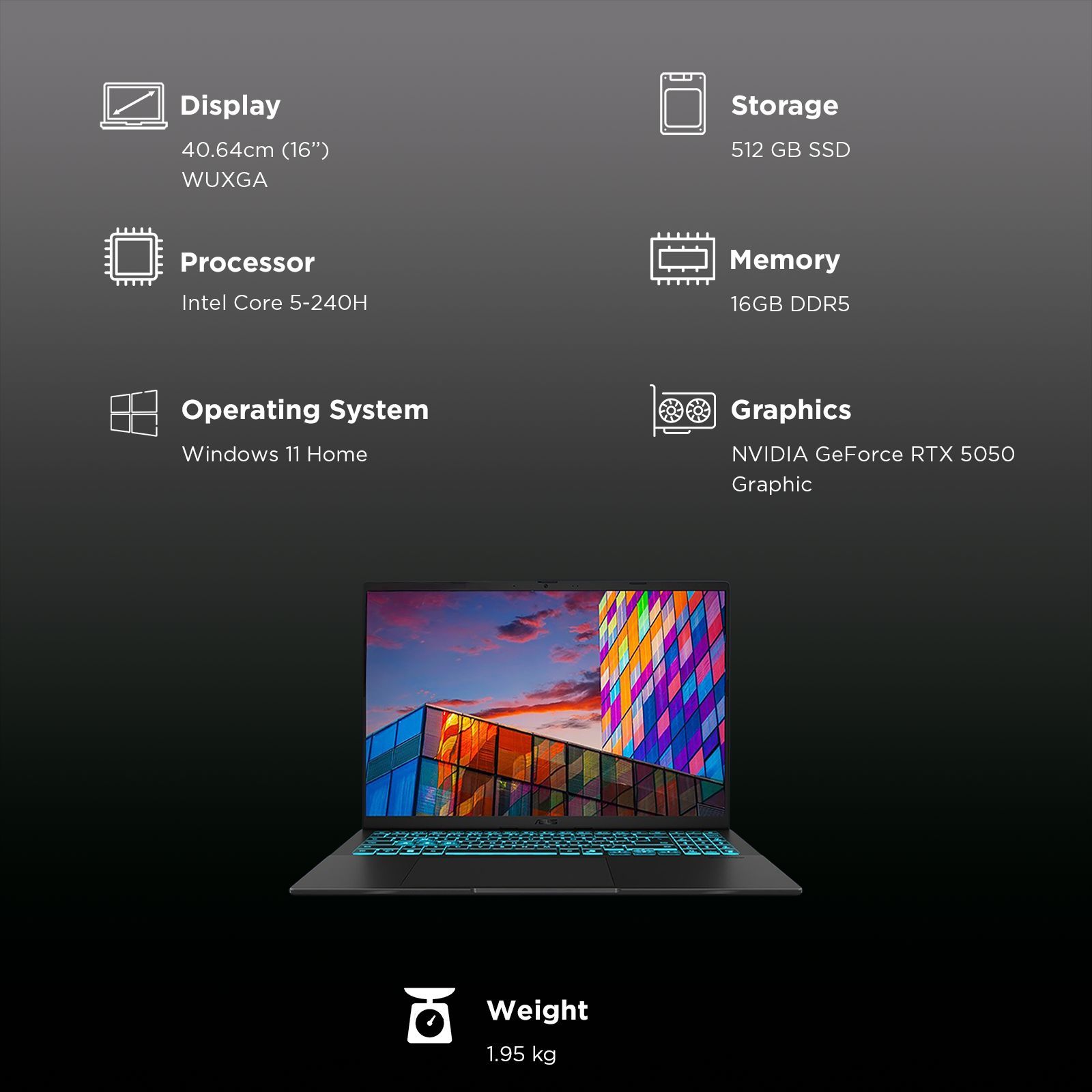 ASUS V16 V3607VH-RP038WS Intel Core 7 Gaming Laptop (16GB, 512GB SSD, Windows 11 Home, 8GB Graphics, 16 inch 144 Hz WUXGA Display, NVIDIA GeForce RTX 5050, MS Office Home 2024, Black, 1.95 KG)_3