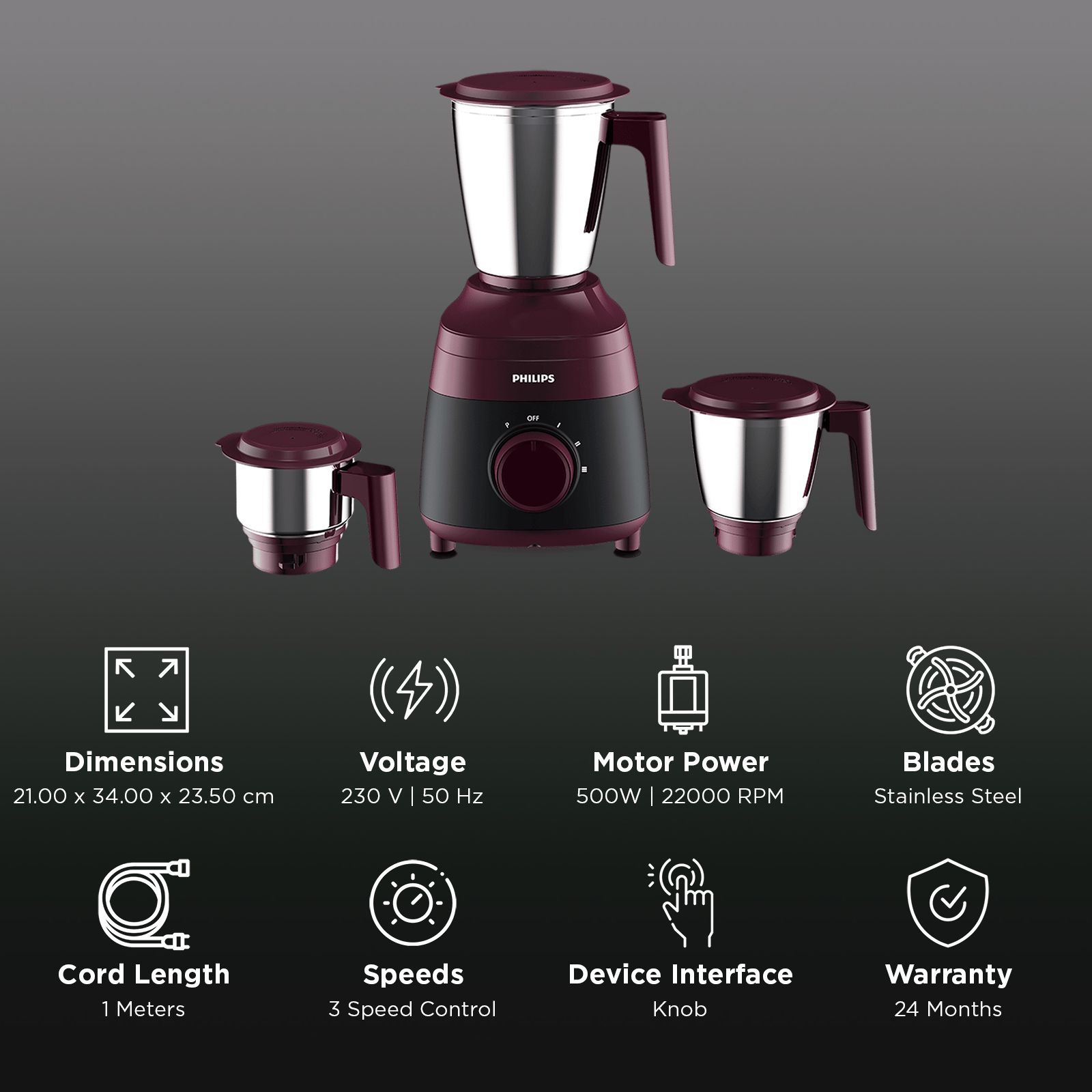 PHILIPS HL1000/00 500 Watt 3 Jars Mixer Grinder (22000 RPM, Opti-Grind Motor Technology, Red)_3