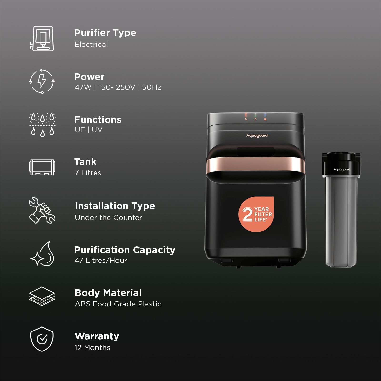 Aquaguard Aspire Designo UTC 7L UV + UF Water Purifier with Water Saving Technology (Black)_3