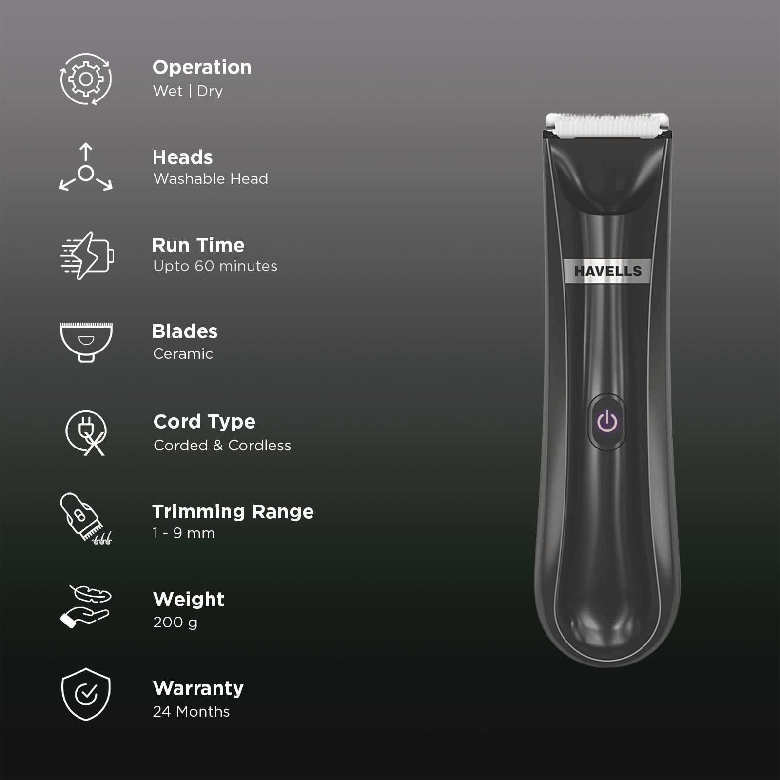 HAVELLS Ballex BG3300 Rechargeable Corded & Cordless Wet & Dry Trimmer for Beard, Body & Intimate Areas with 6 Length Settings for Men (60mins Runtime, Fast Charge, Black) HAVELLS Ballex BG3300 Rechargeable Corded & Cordless Wet & Dry Trimmer for Beard, Body & Intimate Areas with 6 Length Settings for Men (60mins Runtime, Fast Charge, Black)_3