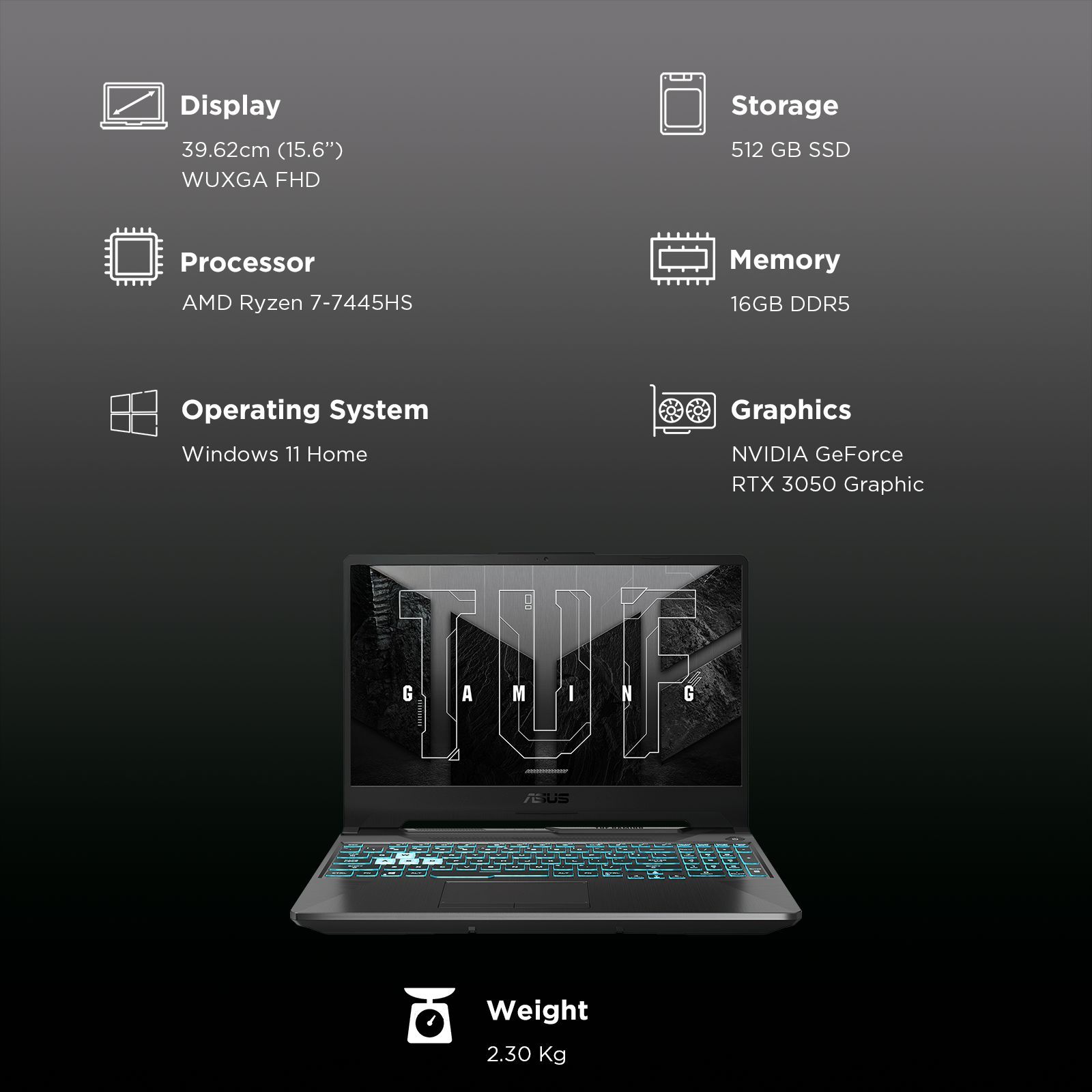 ASUS TUF FA506NCG-HN200WS AMD Ryzen 7 Gaming Laptop (16GB, 512GB SSD, Windows 11 Home, 4GB Graphics, 15.6 inch 144 Hz WUXGA Full HD Display, NVIDIA GeForce RTX 3050, MS Office Home 2024, Graphite Black, 2.3 KG)_3
