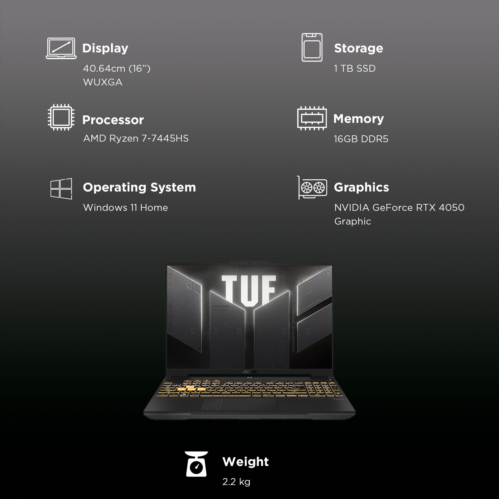 ASUS TUF A16 FA607NUG-RL189WS AMD Ryzen 7 Gaming Laptop (16GB, 1TB SSD, Windows 11 Home, 6GB Graphics, 16 inch 144 Hz WUXGA Display, NVIDIA GeForce RTX 4050, MS Office Home 2024, Mecha Gray, 4.48 KG)_3