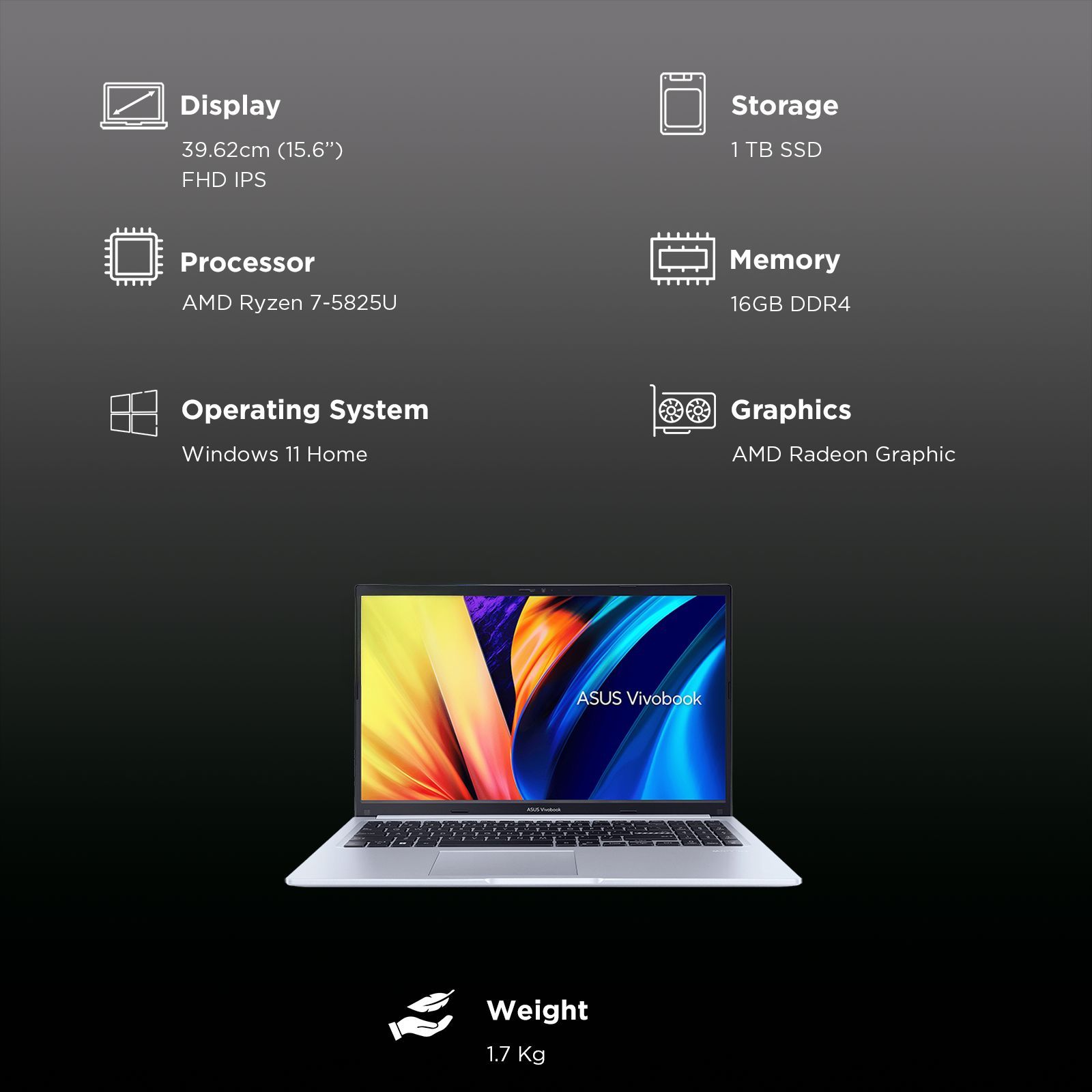 ASUS Vivobook 15 M1502YA-BQ712WS AMD Ryzen 7 5825U Laptop (16GB, 1TB SSD, Windows 11 Home, 15.6 inch Full HD IPS Display, MS Office Home 2024, Cool Silver, 1.7 KG)_3