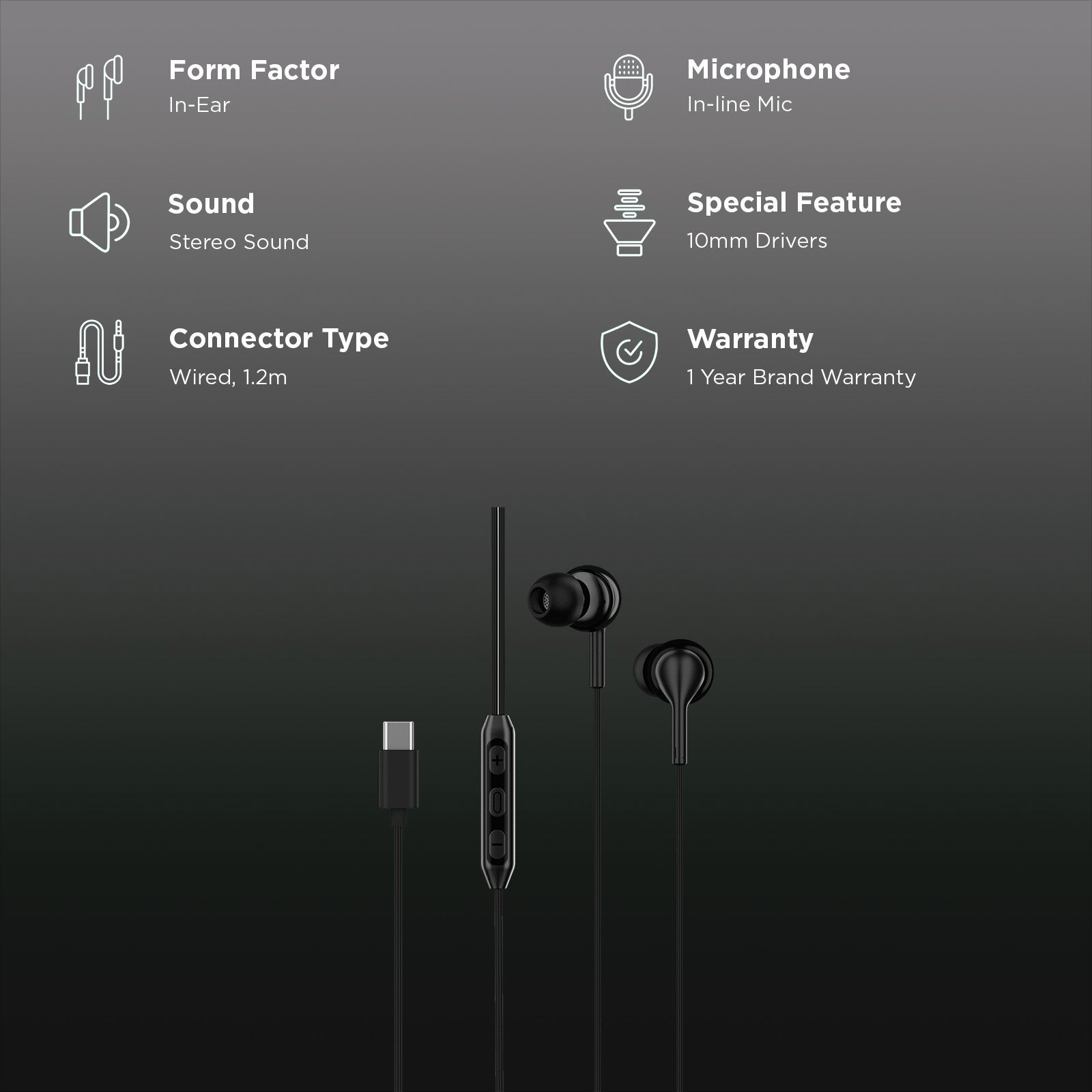 boAt Bassheads 100C Wired Earphone with Mic (USB Type-C Connector, In Ear, Black)_2