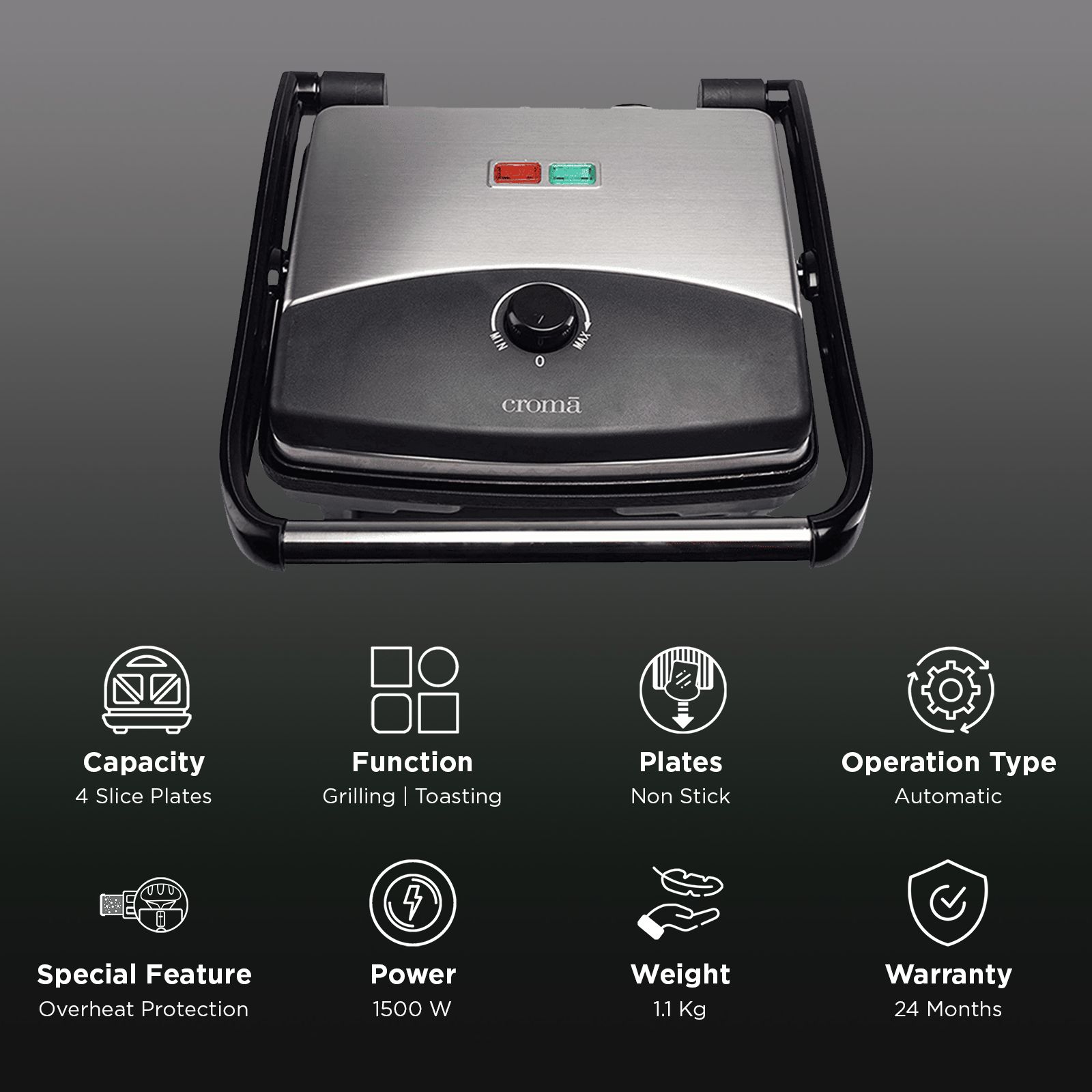 Croma AK6201 1500W 4 Slice Sandwich Maker with Automatic Operation (Black)_3