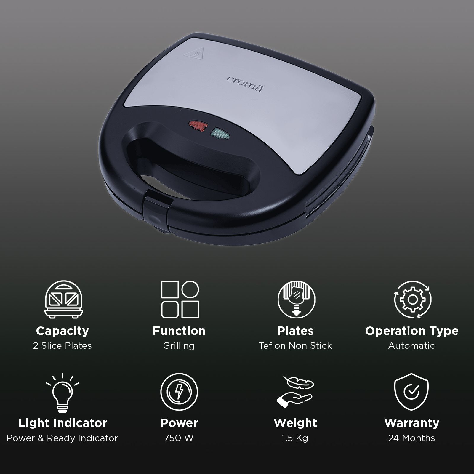 Croma AK6202 750W 2 Slice Sandwich Maker with Cool Touch Handle (Black)_3