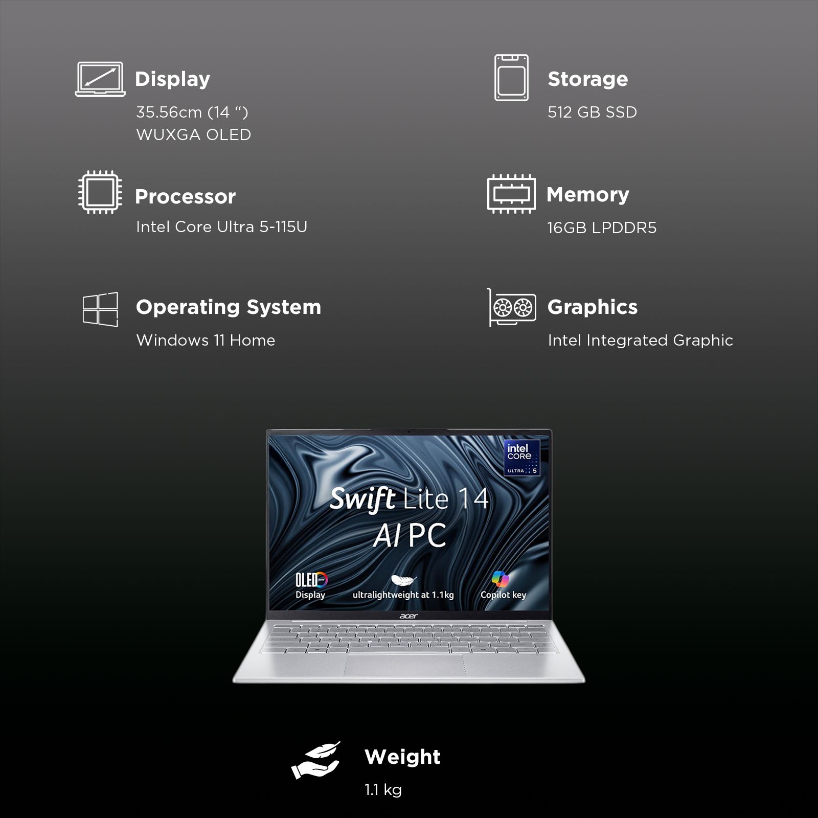 Acer Swift Lite 14 SFL14-54M Intel Core Ultra 5 Thin & Light Laptop (16GB RAM, 512GB SSD, Windows 11 Home, 14 inch WUXGA OLED Display, Microsoft Office, Light Silver, 1.10 KG) Acer Swift Lite 14 SFL14-54M Intel Core Ultra 5 Thin & Light Laptop (16GB RAM, 512GB SSD, Windows 11 Home, 14 inch WUXGA OLED Display, Microsoft Office, Light Silver, 1.10 KG)_3