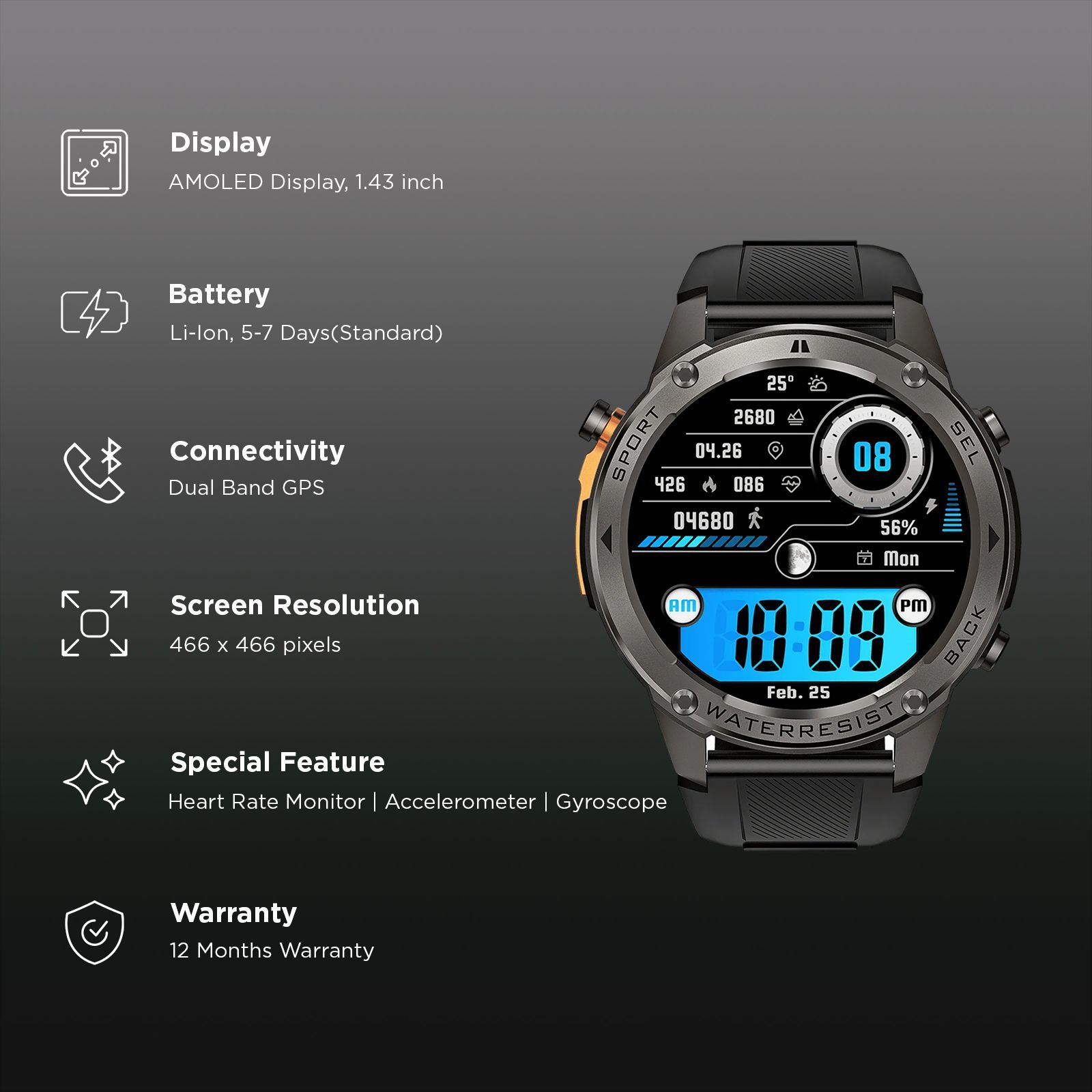 Croma Velocity X1 Smartwatch with Dual Band GPS (36.3mm AMOLED Display, 50M Water Resistant, Black Strap)_3
