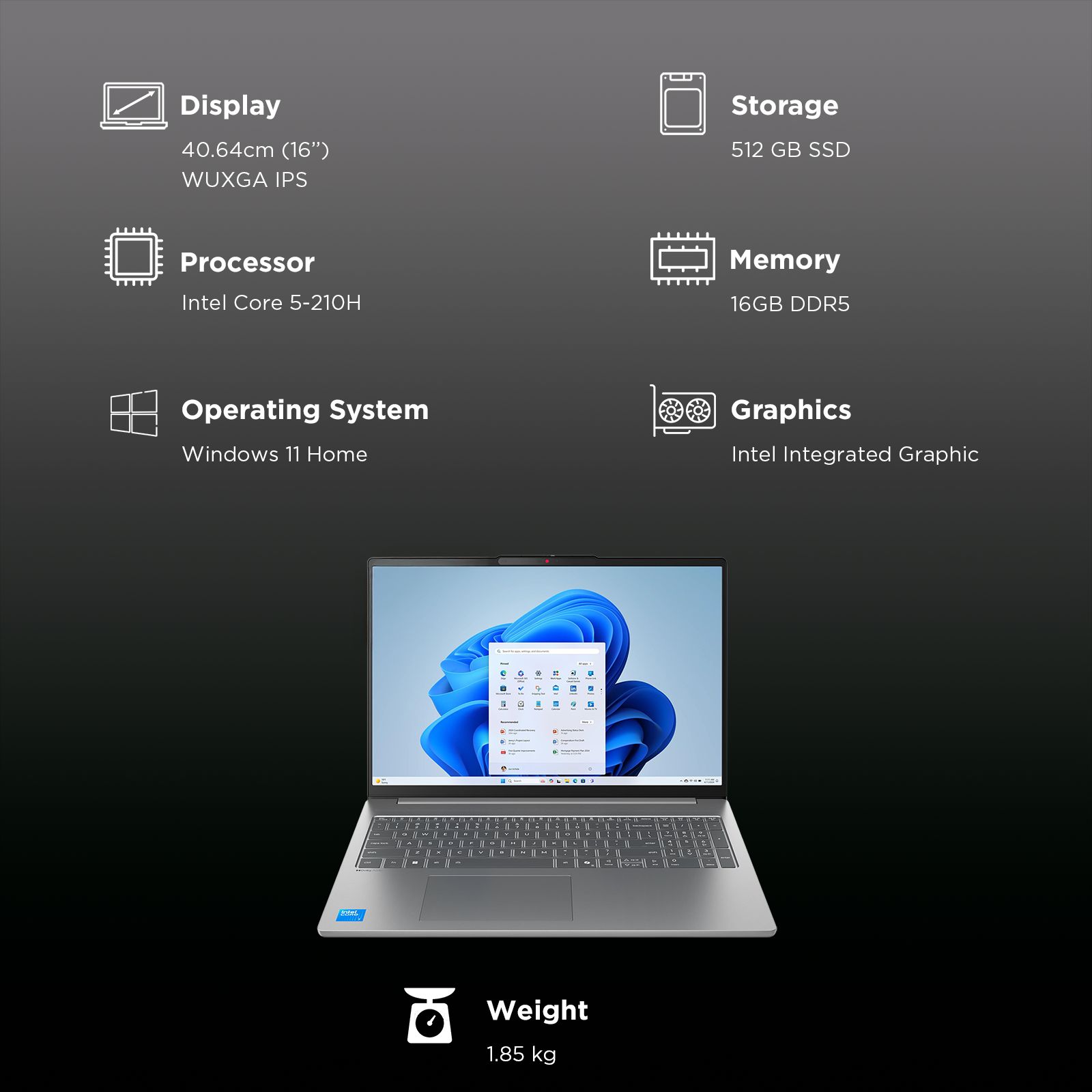 Lenovo IdeaPad Slim 5 16IRH10R Intel Core 5 Thin & Light Laptop (16GB, 512GB SSD, Windows 11 Home, 16 inch WUXGA IPS Display, MS Office Home 2024, Luna Grey, 1.85 KG)_3