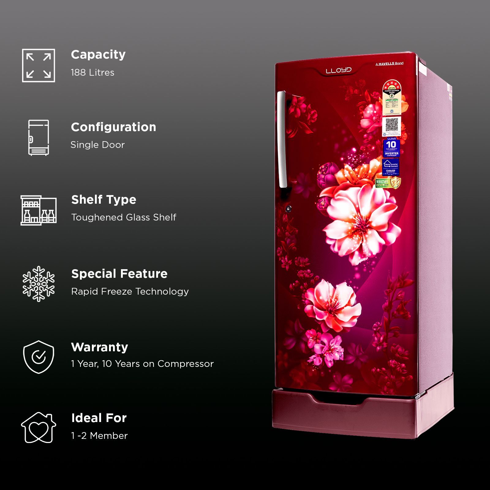 LLYOD 188 Litres 5 Star Direct Cool Single Door Refrigerator with Rapid Freeze Technology (GLDF205SCWS2LC, Cherry Blossom Wine)_2