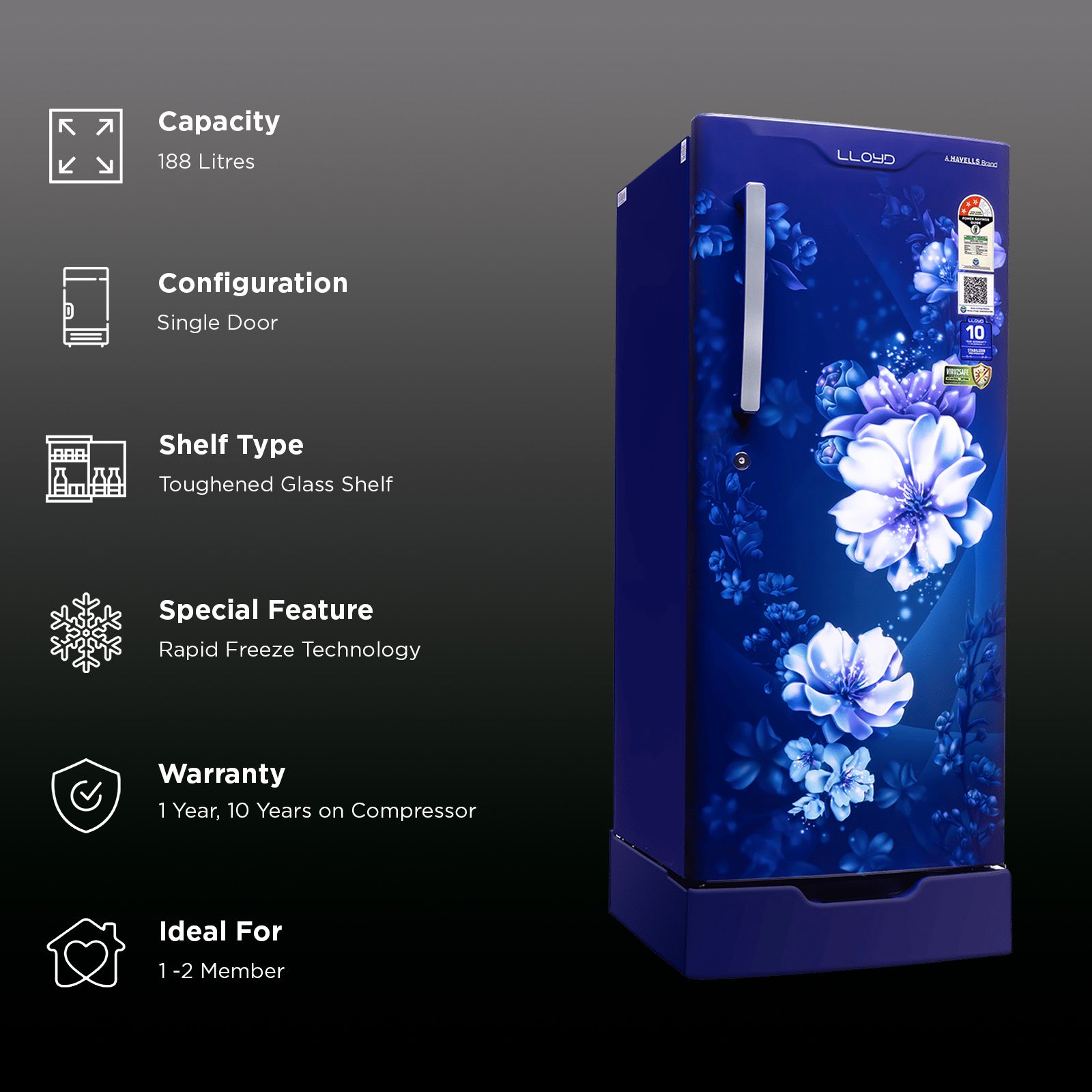 LLYOD 188 Litres 5 Star Direct Cool Single Door Refrigerator with Rapid Freeze Technology (GLDF205SCBS2LC, Cherry Blossom Blue)_2
