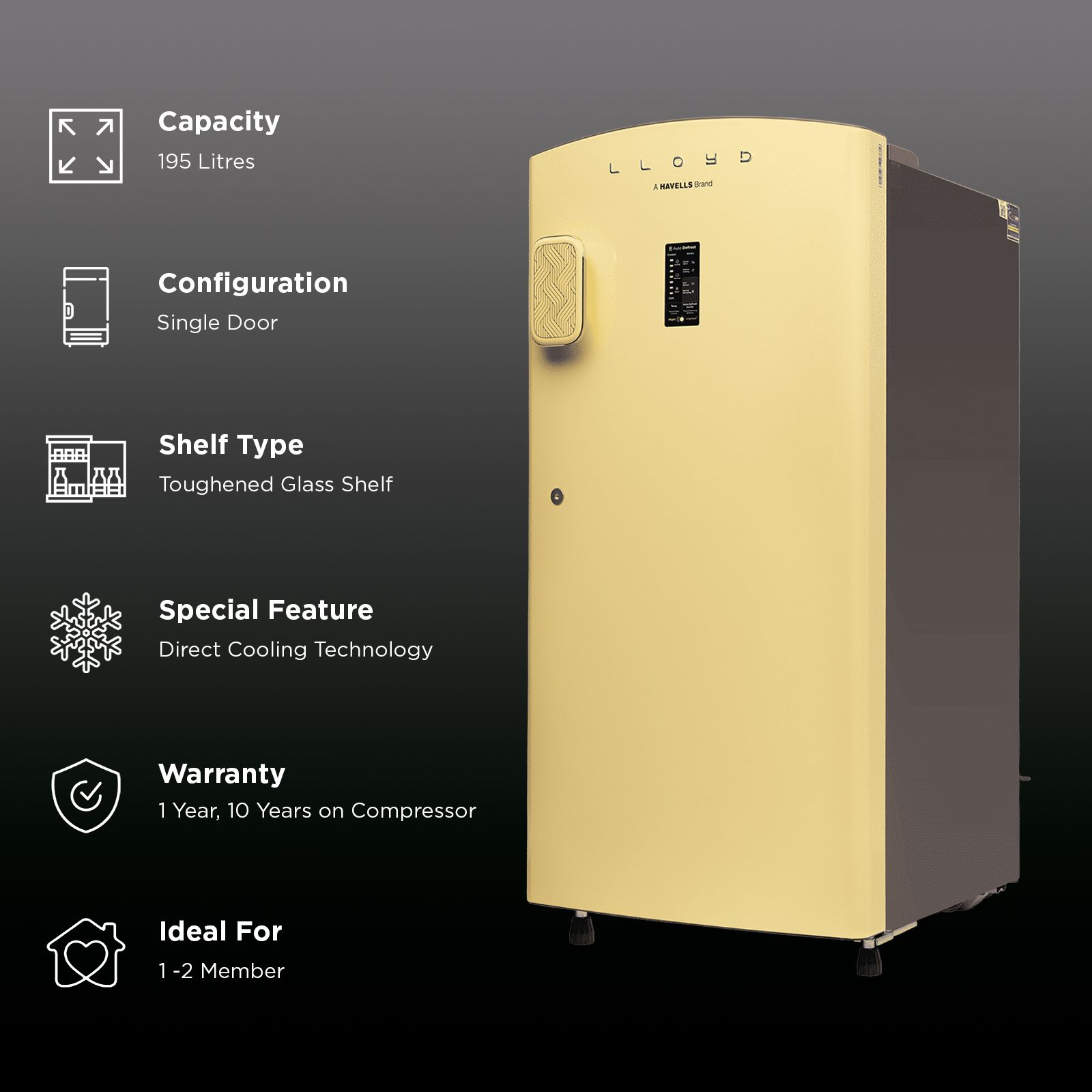 LLOYD 195 Litres 5 Star Direct Cool Single Door Refrigerator with Auto Defrost Technology (GLDF215SPYA4LC, Pastel Yellow)_2