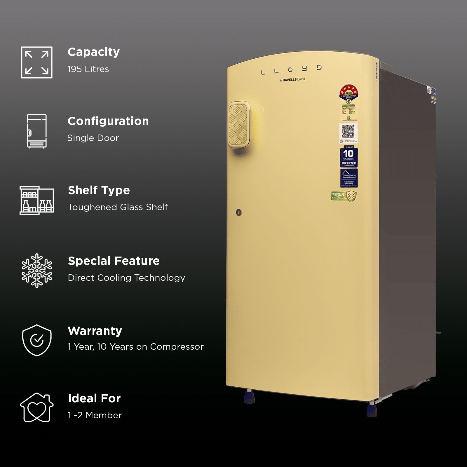 LLOYD 195 Litres 5 Star Direct Cool Single Door Refrigerator with Rapid Freeze Technology (GLDF215SPYT4LC, Pastel Yellow)_2