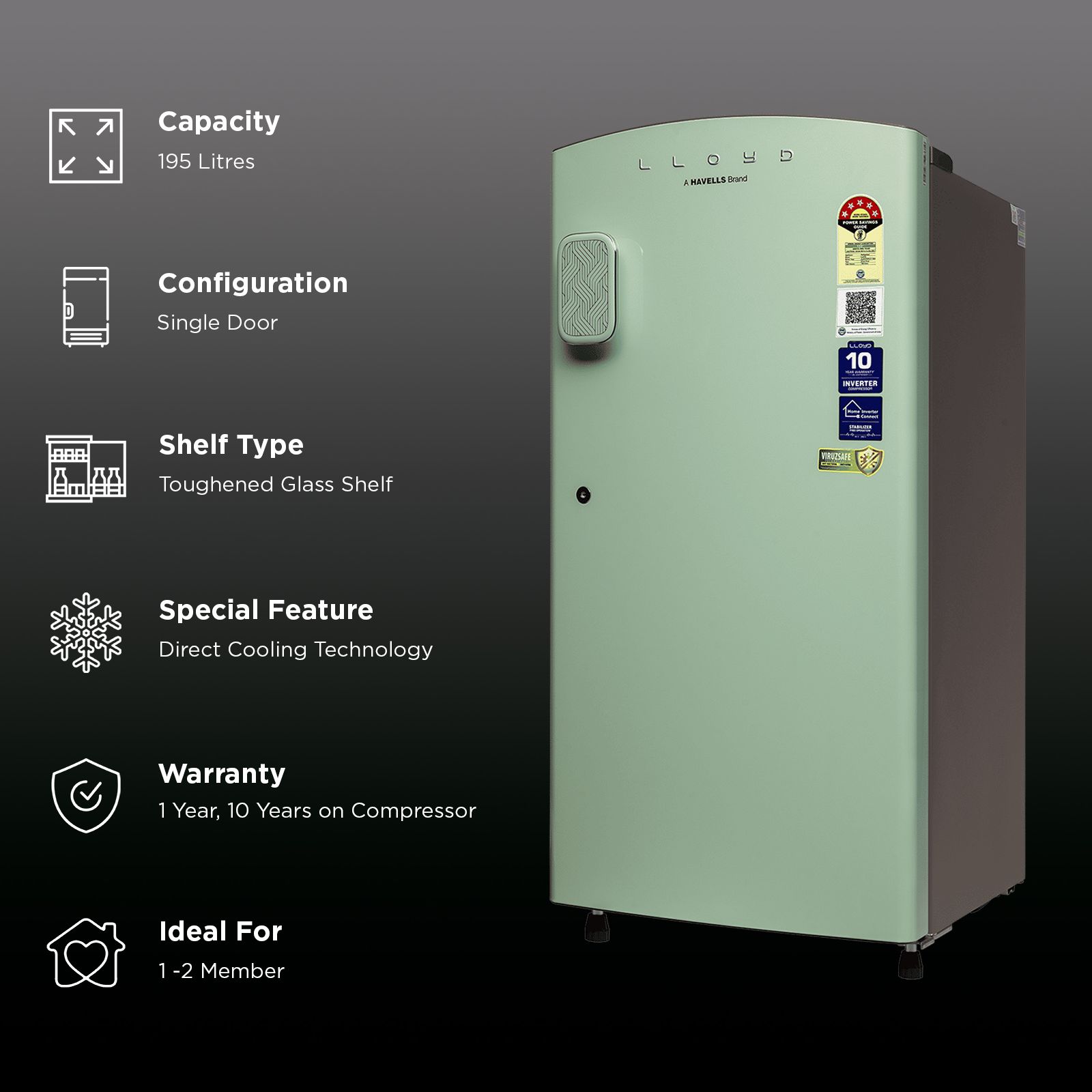 LLOYD 195 Litres 5 Star Direct Cool Single Door Refrigerator with Rapid Freeze Technology (GLDF215SPGT4LC, Pastel Green)_2