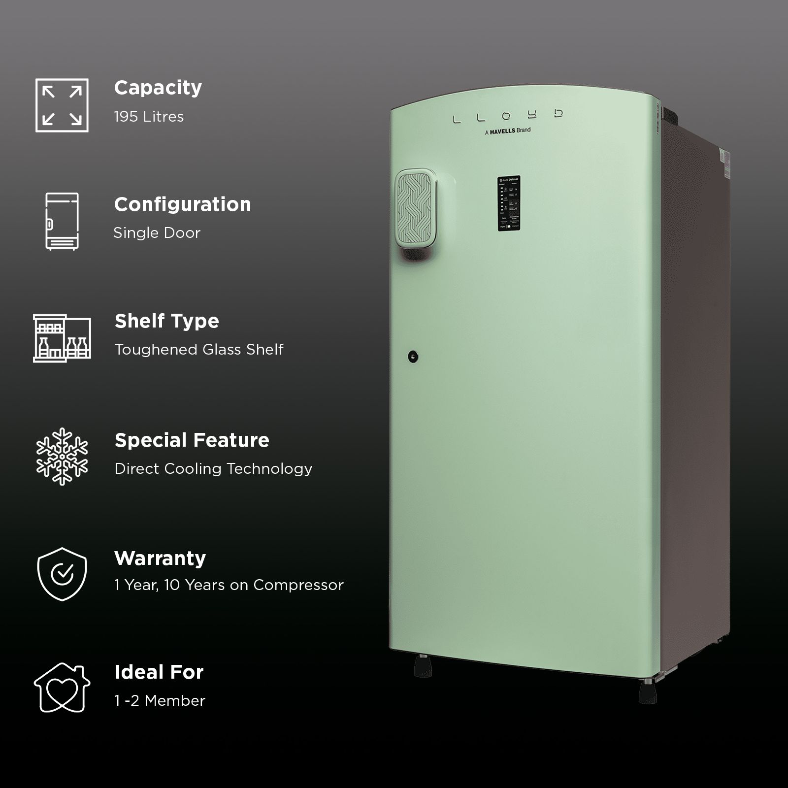 LLOYD 195 Litres 5 Star Direct Cool Single Door Refrigerator with Auto Defrost Technology (GLDF215SPGA4LC, Pastel Green)_2